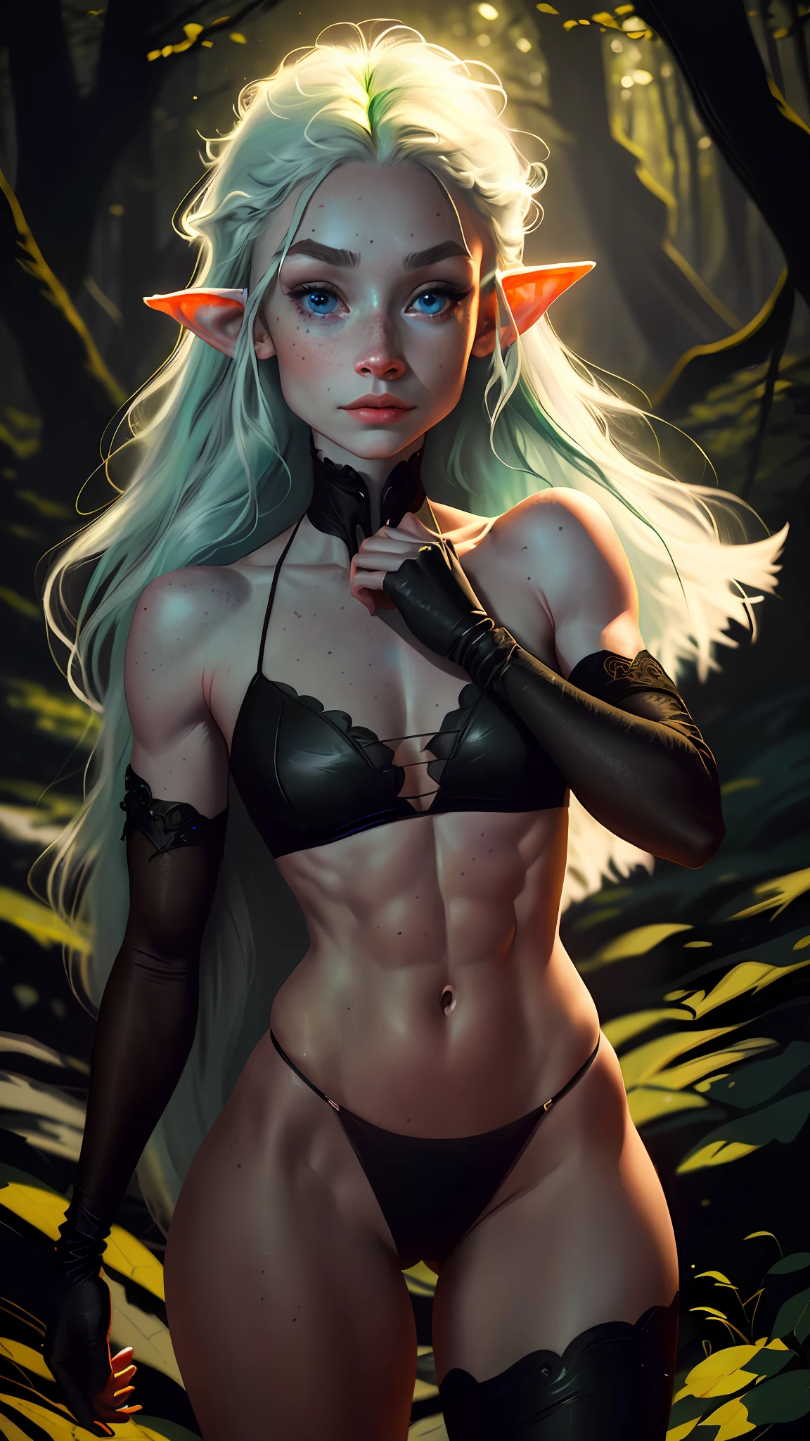 a portrait of a elf girl with freckles and bright striking blue eyes posing for a photo,full body, muscular, fit, defined abs, thongs, (cameltoe) white freckles, long flowing green hair flying, glowing radiance, beautiful pale makeup, color portrait, stunning portrait, elegant freckles, wearing black thongs, black gloves, starshine, gold dust spread across her skin and her face, (dark, hyper-realistic photos (((portrait))) refraction , background of magical night forest, deep woods, starlight skies, soft cinematic light, soft tones, insane details, intricate details, suitable for viewing in public places, perfectly