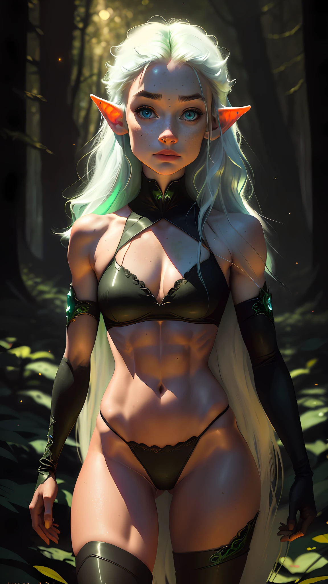 a portrait of a elf girl with freckles and bright striking blue eyes posing for a photo,full body, muscular, fit, defined abs, thongs, (cameltoe) white freckles, long flowing green hair flying, glowing radiance, beautiful pale makeup, color portrait, stunning portrait, elegant freckles, wearing black thongs, black gloves, starshine, gold dust spread across her skin and her face, (dark, hyper-realistic photos (((portrait)))  refraction , background of magical night forest, deep woods, starlight skies, soft cinematic light, soft tones, insane details, intricate details, suitable for viewing in public places, perfectly