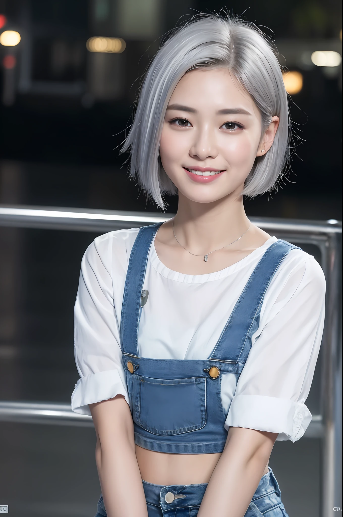 (masterpiece:1.3), (8k, photorealistic, RAW photo, best quality: 1.4), (Japanese actress:1.3), 1face, best quality, 8k, super detailed realistic skin, perfect anatomy, looking off into the viewer, bored, angry, smile, laugh, 1girl, beautiful face, (realistic face), (silver hair, short hair:1.4), beautiful hairstyle, beautiful short hair, wearing white shirt,wearing jeans, night city, rain ,
