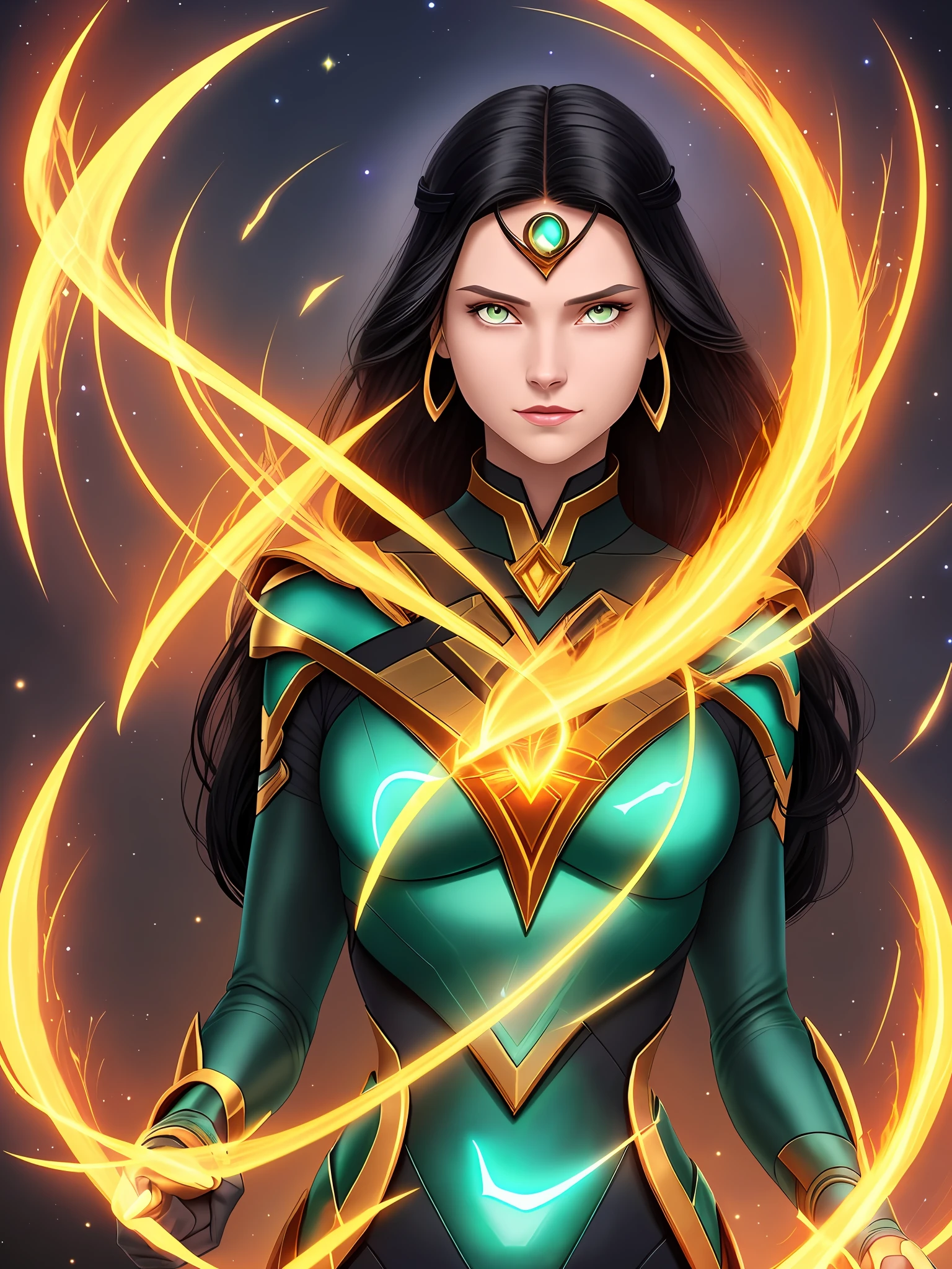 Aurora Mindfire is an enigmatic-looking young woman with long, night-black hair and intense amber eyes. She possesses a magnetic presence that attracts the attention of everyone around her. Her skin is pale and unblemished, with a unique golden flame-shaped mark on her forehead, which glows when she uses her powers.
Powers:
Aurora has two extraordinary abilities: reading minds and generating energy. Her gift of mind-reading allows her to delve into the deepest thoughts and emotions of those around her. She can hear others' secrets and innermost concerns, as well as interpret their intentions. However, Aurora is able to control this power to avoid invading people's privacy without permission.
