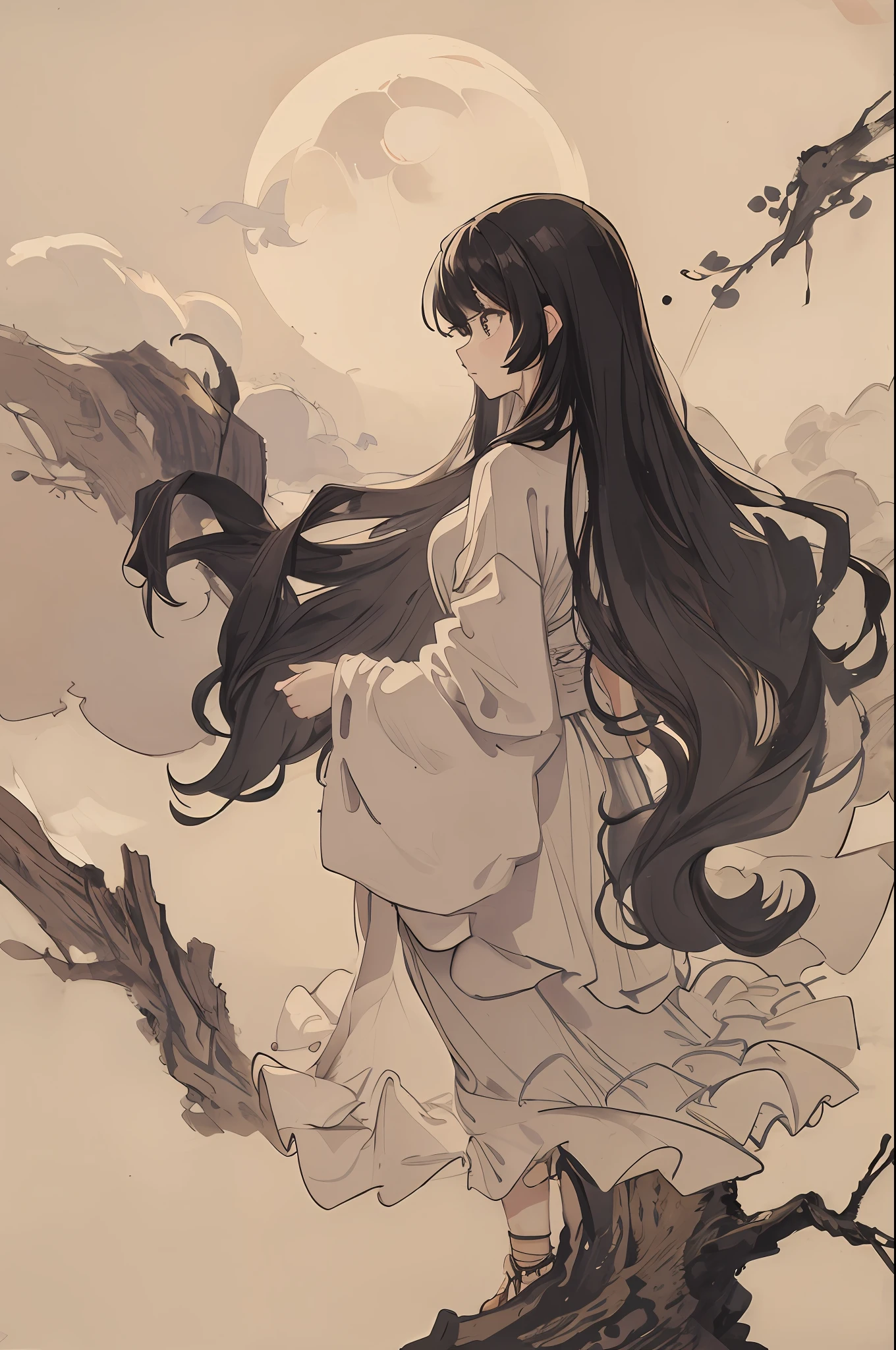 masterpiece, top quality, night, hill, clouds, full moon, long hair, woman, silhouette, firefly.