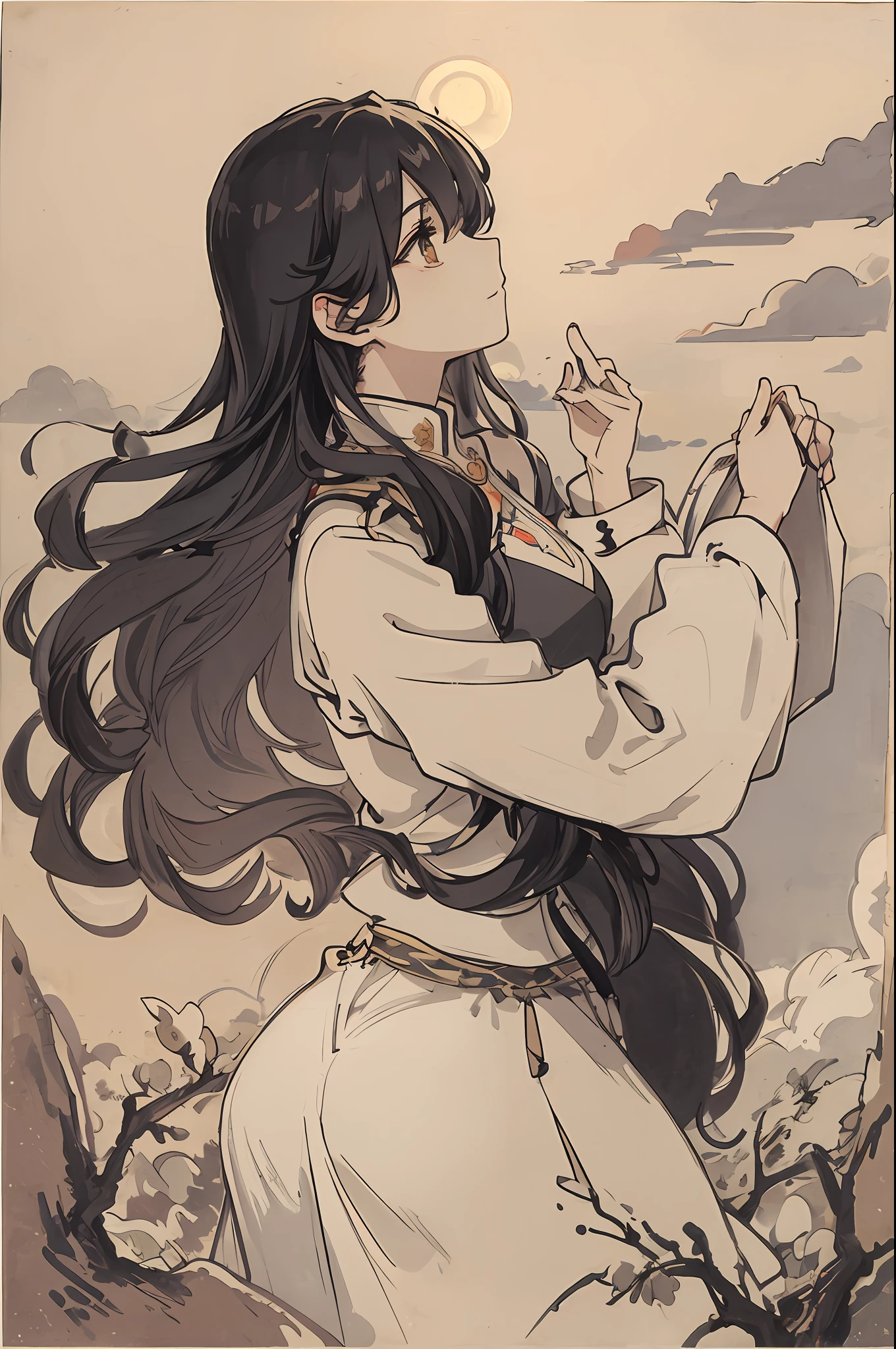 masterpiece, top quality, night, hill, clouds, full moon, long hair, woman, silhouette, firefly.