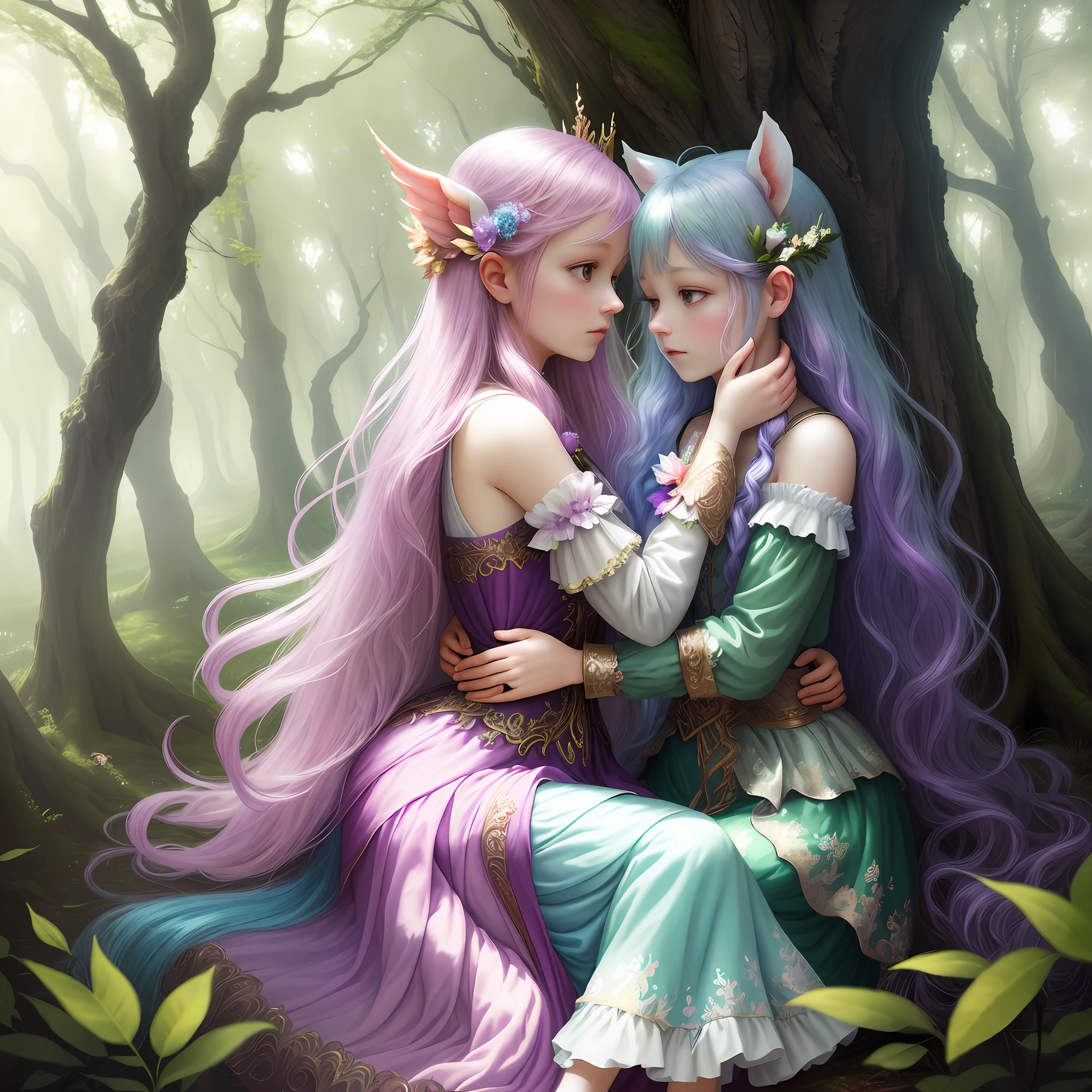 A beautiful forest fairy nestles intimately with a unicorn in a highly detailed enchanted grove. ornate, holy, angelic. surrounded by amethysts and lilac sunlight. rainbow pastel color scheme. Masterpiece by Brooke Shaden, trending on artstation, featured on pixiv, cinematic composition, dramatic pose, beautiful lighting, sharp, details, hyper-detailed, HD, HDR, 4K,