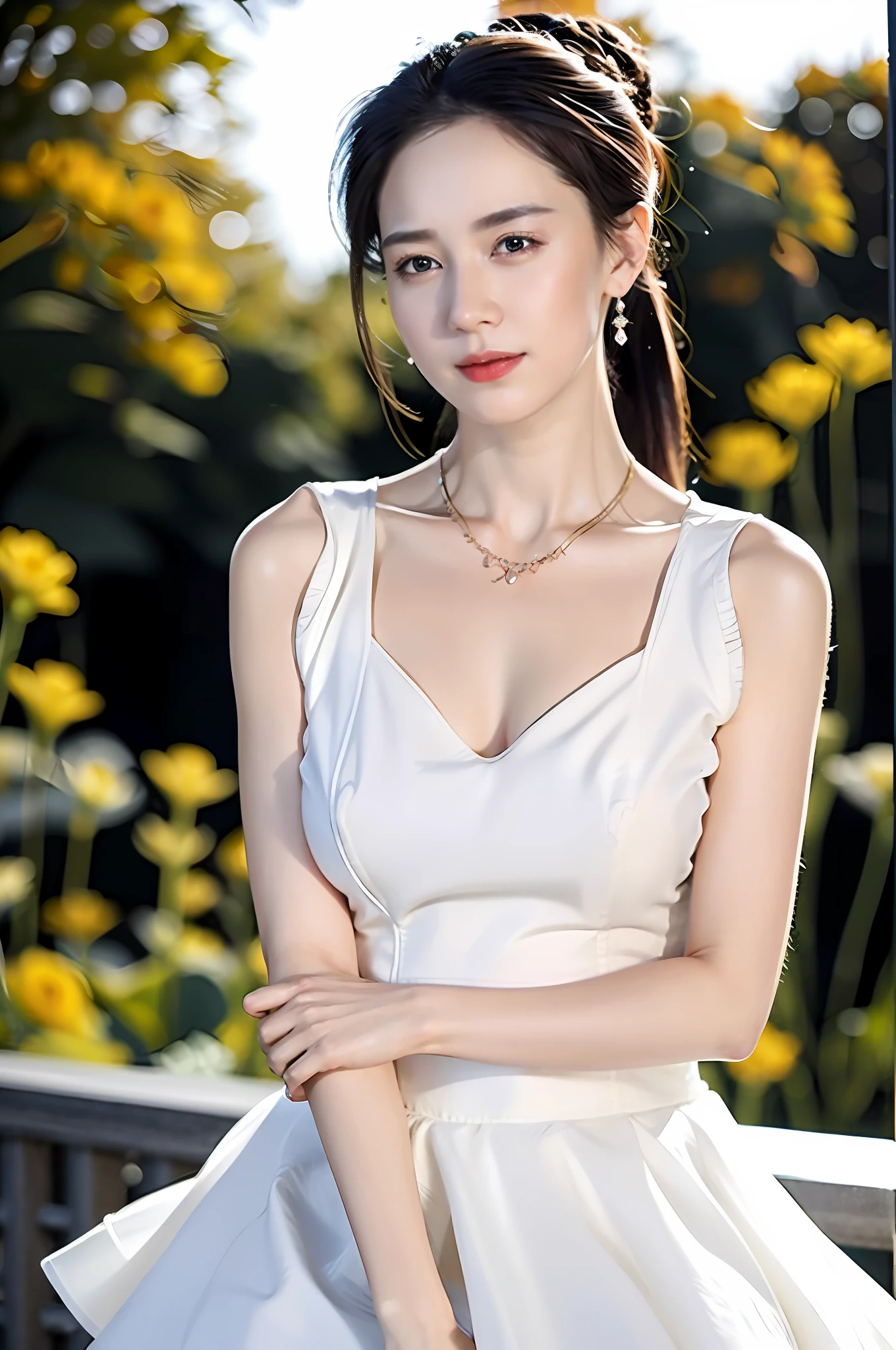 Casual pose, (extremely delicate and beautiful work), (masterpiece), 1girl, girl in white skirt, high detail, leaky waist, twisted ponytail, happy, happy, charming expression, clear and beautiful eyes, green pupils, Exquisite necklace, exquisite earrings, fairy ears, simple blurred background, extreme detail description, beautiful and charming, ultra-fine painting, exquisite face, exquisite figure, exquisite collarbone, lovely lips, beautiful breasts, soft Behind, mix4,(8k, RAW photo, best quality, master:1.2), (realistic, photo-realistic:1.37),1girl,cute,cityscape,night,rain,wet,professional lighting,photon mapping,radiosity,physically- based rendering,