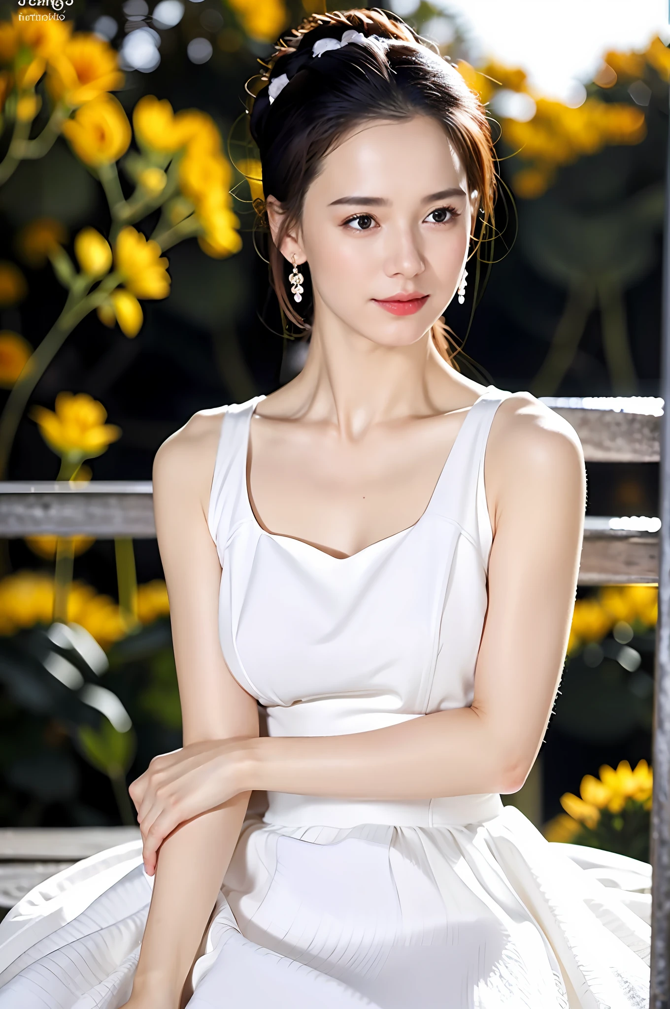 Casual pose, (extremely delicate and beautiful work), (masterpiece), 1girl, girl in white skirt, high detail, leaky waist, twisted ponytail, happy, happy, charming expression, clear and beautiful eyes, green pupils, Exquisite necklace, exquisite earrings, fairy ears, simple blurred background, extreme detail description, beautiful and charming, ultra-fine painting, exquisite face, exquisite figure, exquisite collarbone, lovely lips, beautiful breasts, soft Behind, mix4,(8k, RAW photo, best quality, master:1.2), (realistic, photo-realistic:1.37),1girl,cute,cityscape,night,rain,wet,professional lighting,photon mapping,radiosity,physically- based rendering,