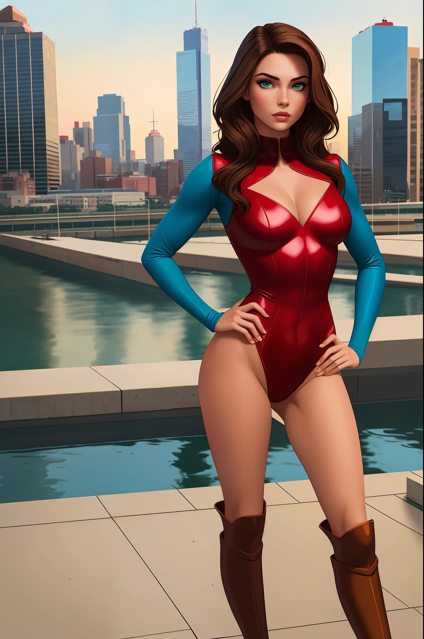 ((best quality)), ((masterpiece)), ((ultra realistic)), (dynamic sexy pose), american, beautiful detailed face, detailed eyes, sexy reporter, dressed in a red leotard, city backdrop, highly detailed, professional, bare legs, full body, hands on hip, standing, brown hair, medium hair, green eyes, matching boots, long sleeves, yellow hawk-shaped crest on chest, blue boots,