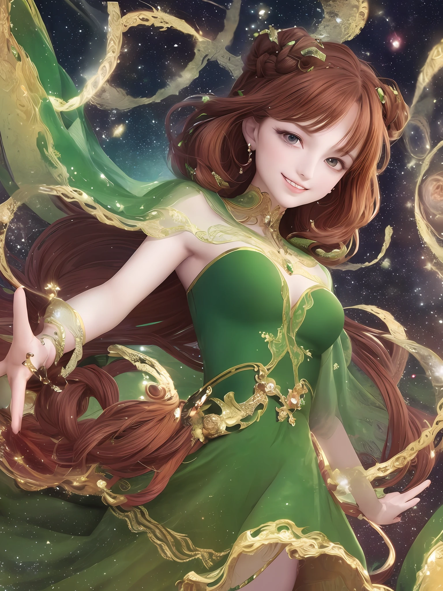 top quality, masterpiece, upper body,
(Adult: 1.6) Hungarian woman, (grin: 0.4), arms behind the head,
braided reddish-brown hair,
emerald eyes,
space strapless dress,
Floating light particles, center, realistic drawing, Venus pose, thin waist