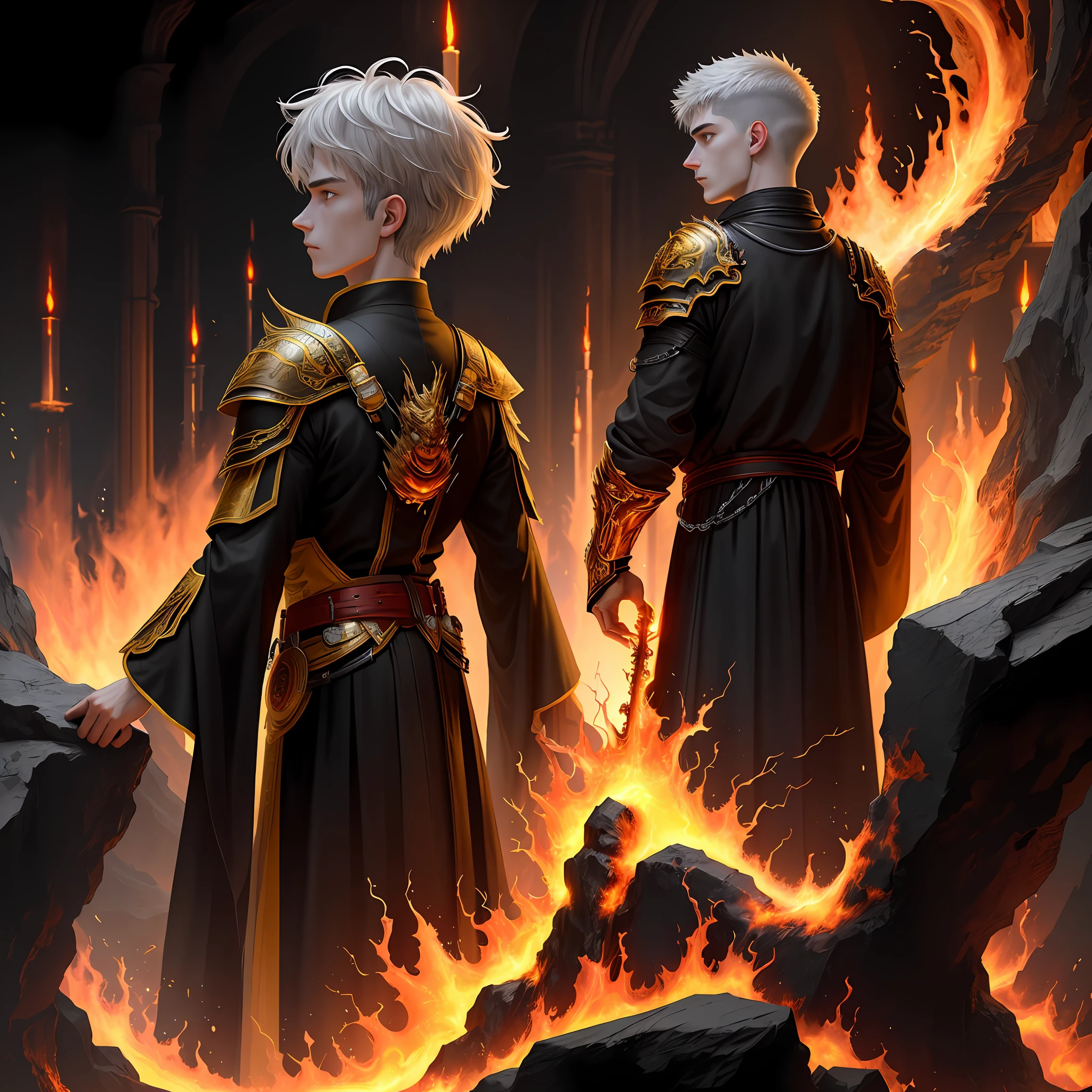High detail, clarity, 8kk, Throne of Fire, young guy, 18 years old, light gray hair, short haircut, yellow eyes, standing near the throne of fire, black flame from behind, fiery lava, realism, fantasy,