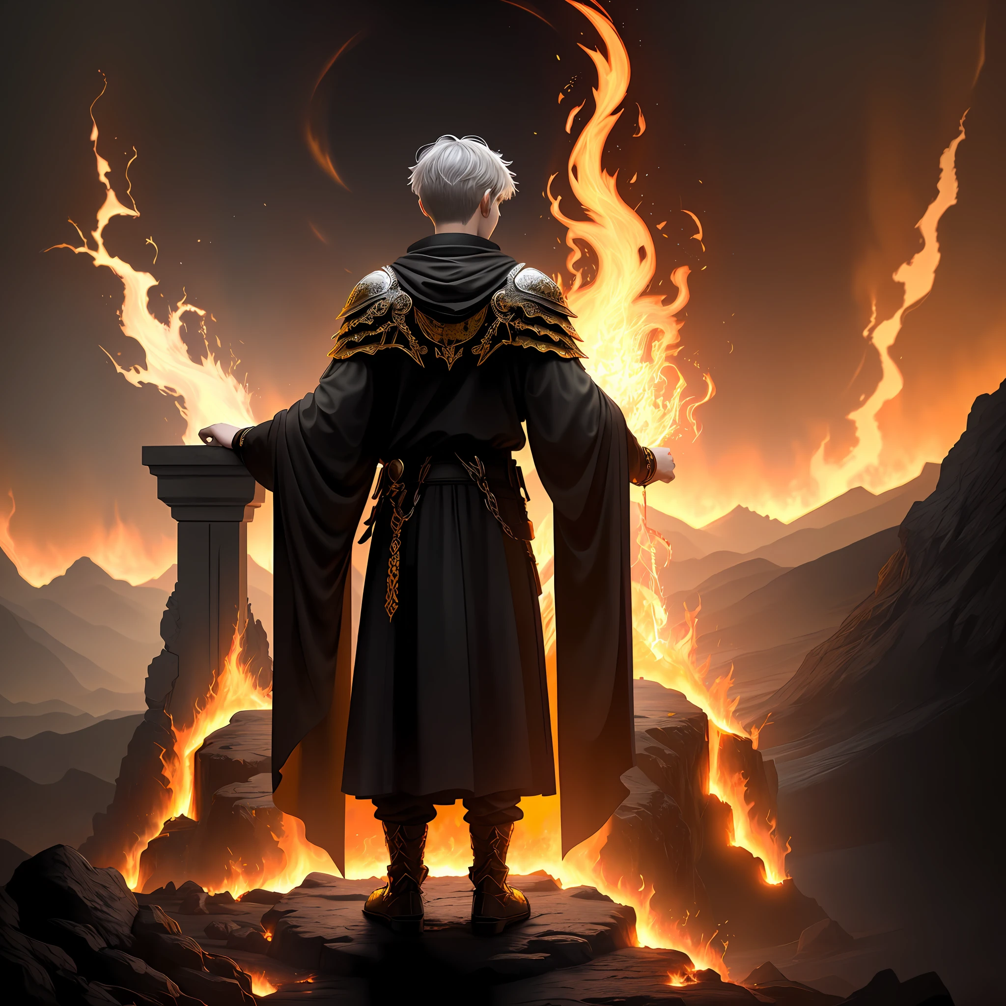 High detail, clarity, 8kk, Throne of Fire, young guy, 18 years old, light gray hair, short haircut, yellow eyes, standing near the throne of fire, black flame from behind, fiery lava, realism, fantasy,