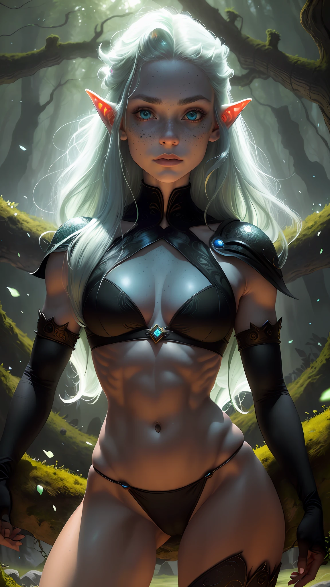 a portrait of a elf girl with freckles and bright striking blue eyes posing for a photo,full body, muscular, fit, defined abs, thongs, (cameltoe) white freckles, long flowing green hair flying, glowing radiance, beautiful pale makeup, color portrait, stunning portrait, elegant freckles, wearing black thongs, black gloves, starshine, gold dust spread across her skin and her face, (dark, hyper-realistic photos (((portrait)))  refraction ,Dark background of magical night forest, deep woods, towering ruins, starlight skies, A mystical and epic landscape, featuring a fantastical and surreal world of floating islands, giant trees, and mythical creatures, that transport the viewer to a world of imagination and wonder, artstation, digital art, intricate, trending, bright colors suitable for viewing in public places