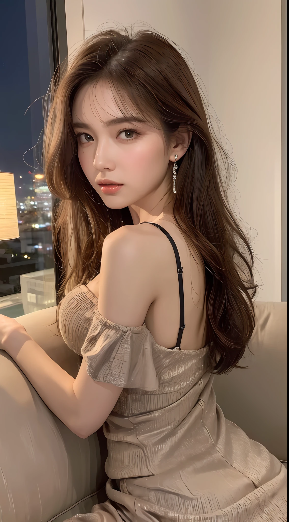 ((Night view, realistic light, best quality, 8k, masterpiece: 1.3)), 1girl, pretty woman with slim figure: 1.4, (brown hair, medium breasts: 1.3), off-the-shoulder cut top: 1.3, sofa, super detailed face, detailed eyes, double eyelids