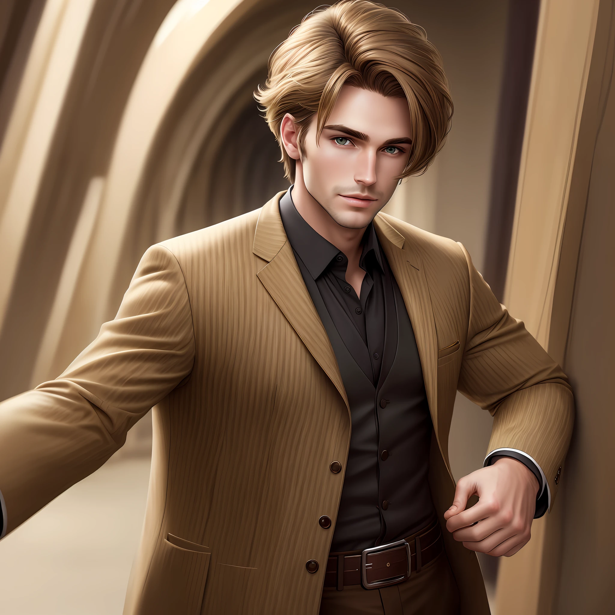 Cute (man) brown hair with blond strands, captivating look, 40 years, highly detailed, super high resolution, model session style, detailed face, greenish eyes, well dressed, first person point of view, photorealistic, full body