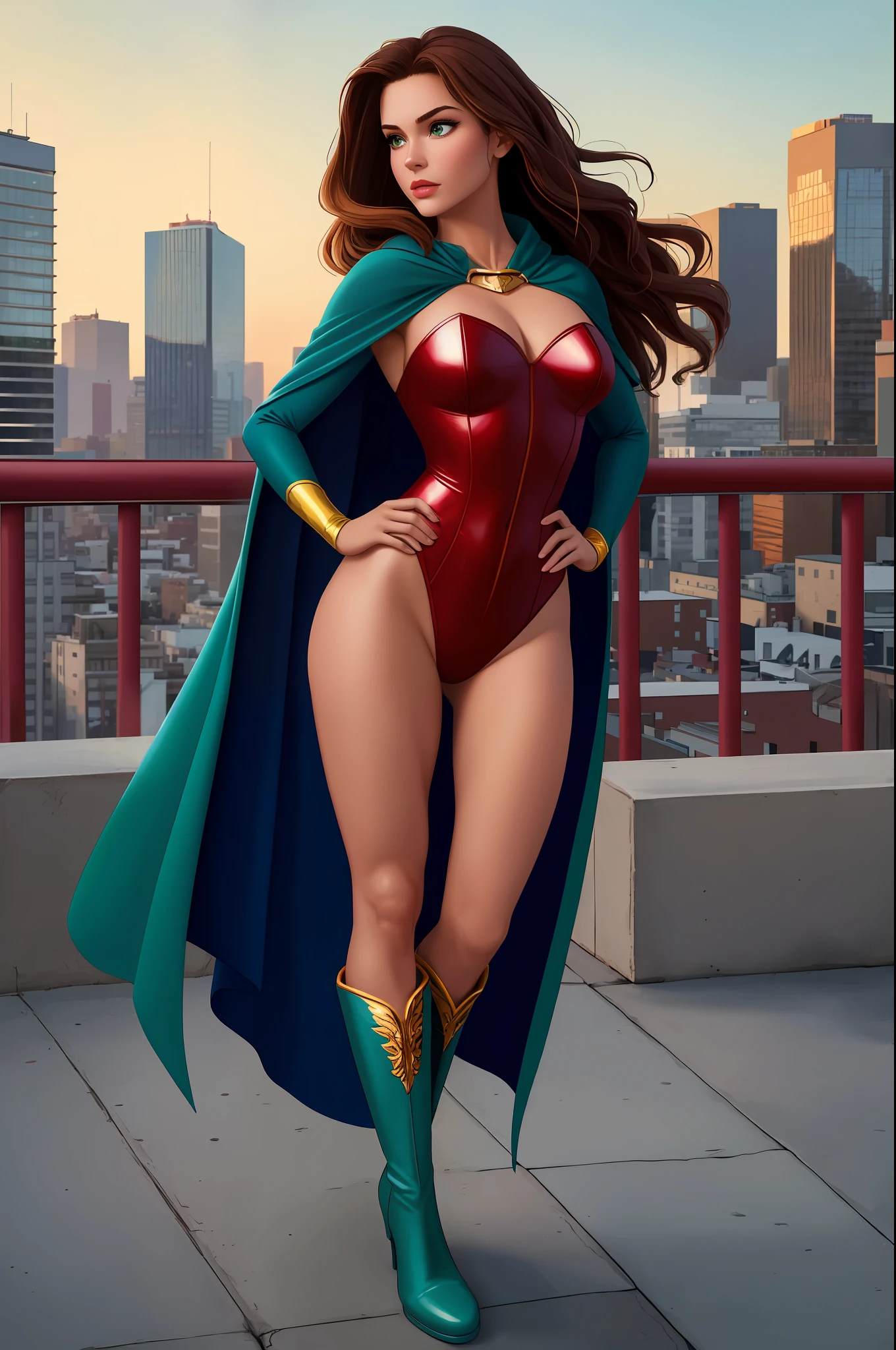 ((best quality)), ((masterpiece)), ((ultra realistic)), (dynamic sexy pose), american, beautiful detailed face, detailed eyes, sexy reporter, dressed in a red leotard, city backdrop, highly detailed, professional, bare legs, full body, hands on hip, standing, brown hair, medium hair, green eyes, matching boots, long sleeves, yellow hawk-shaped crest engraved on chest, blue boots, short cape,
