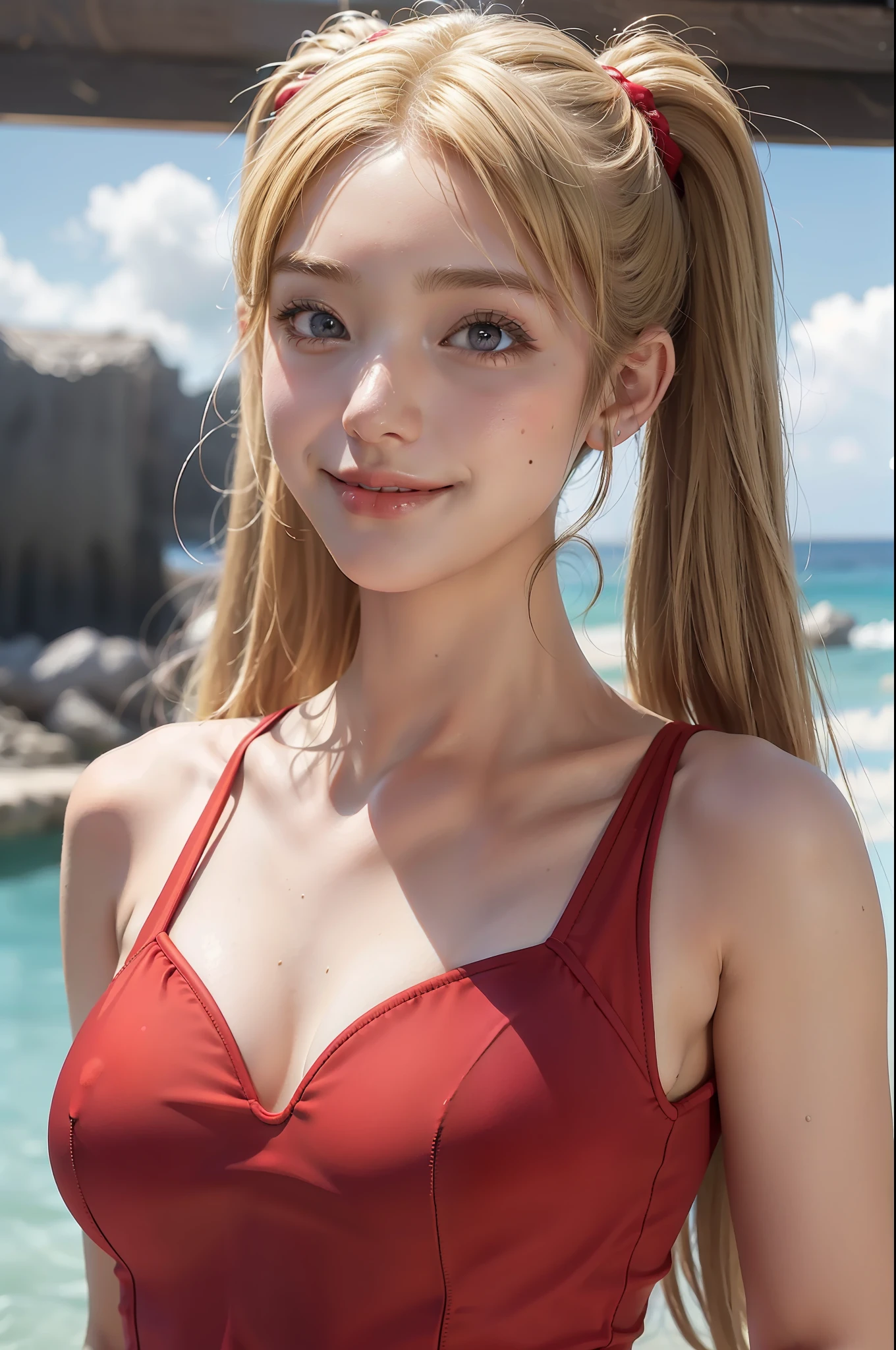 Top Quality, Masterpiece, (Realistic: 1.2), red swimsuit, upper body, twin tails, blonde, hanging eyes, smile, small nose, big breasts, accentuated breasts, realistic eyes