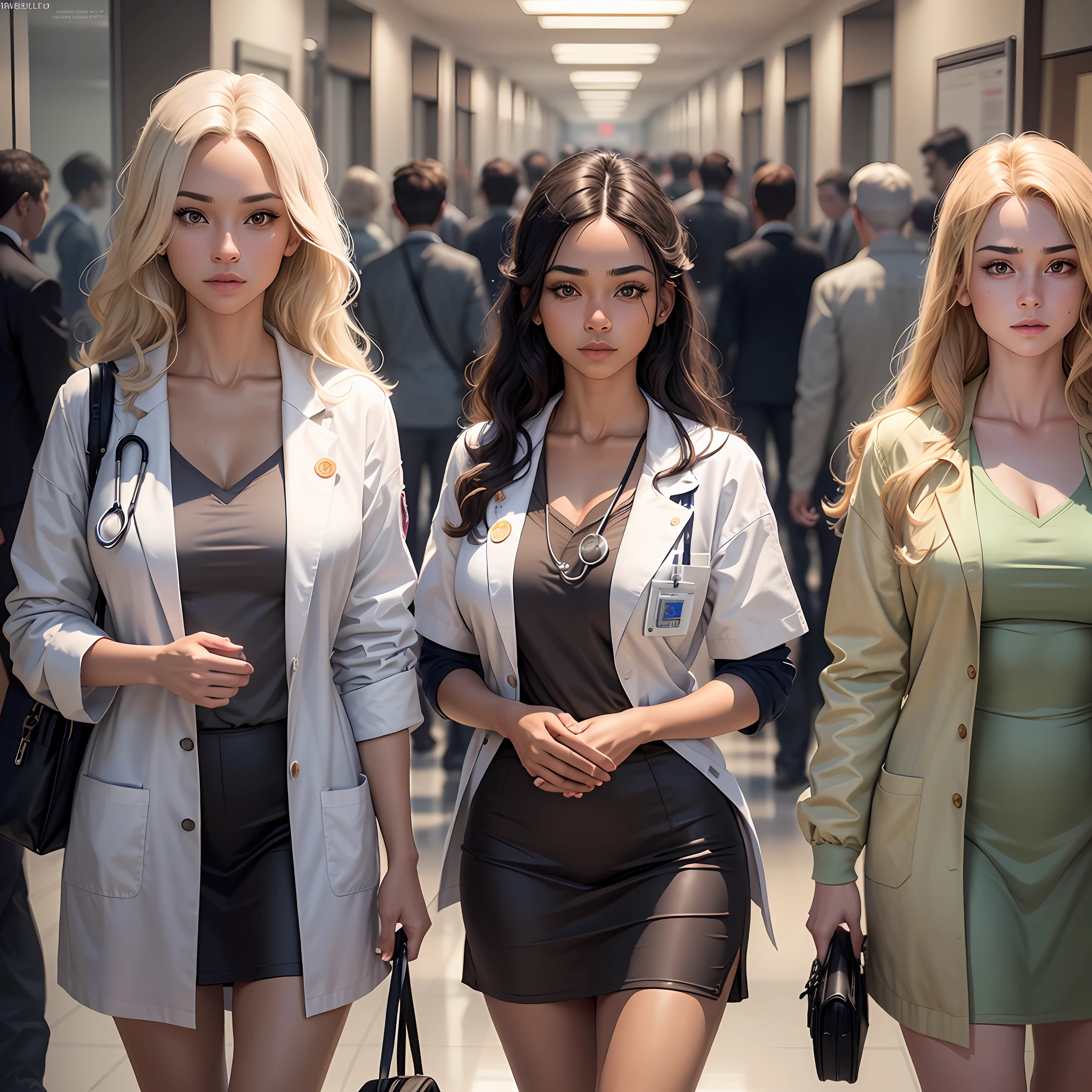 You captured a super realistic 8K image of several adult medical students in the busy hallway of a bustling hospital. The students are dressed in impeccable white lab coats, each with a stethoscope carefully positioned around their necks. To add a custom touch to the image, the accent lab coat displays the name "Dr. Ellen Tavares" in a clear, visible inscription, oversized for easy reading. Each student is portrayed with an incredible level of realism, with meticulous detail that spans the diversity of skin tones, including white and brown skin tones. The eyes are represented with authenticity, with different colors and expressions that convey the individuality of each person portrayed. Hair is represented realistically, with realistic textures and colors ranging from straight to curly, covering a variety of styles.
The hospital corridor is faithfully represented, captured in 8K to highlight realistic contrasts and precise lighting. The environment is full of movement, with health professionals and other medical students interacting in their daily lives. Every detail of the hallway, such as walls, doors, lighting and equipment, is reproduced with authenticity, providing a real and faithful visual experience.
This image was created using advanced 3D rendering techniques and image post-processing, with the aim of achieving a high level of realism. The skin tones, eyes, hair and clothing were meticulously crafted to reflect the diversity and individuality of the students portrayed. The realistic contrasts, precise RGB colors and incredible details of the hospital corridor contribute to a faithful representation of reality. --ar 16:9 --v 5