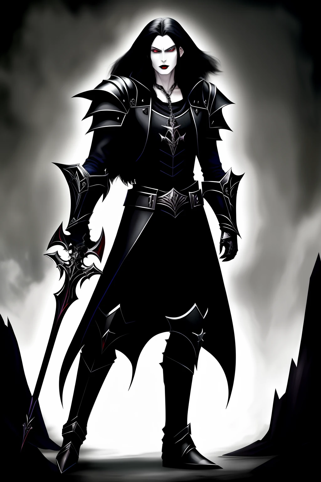 Human half vampire, pale skin, stronger, with medium black hair, with Black goth paladin armor, throwing your goth axe in villain, Castlevania art