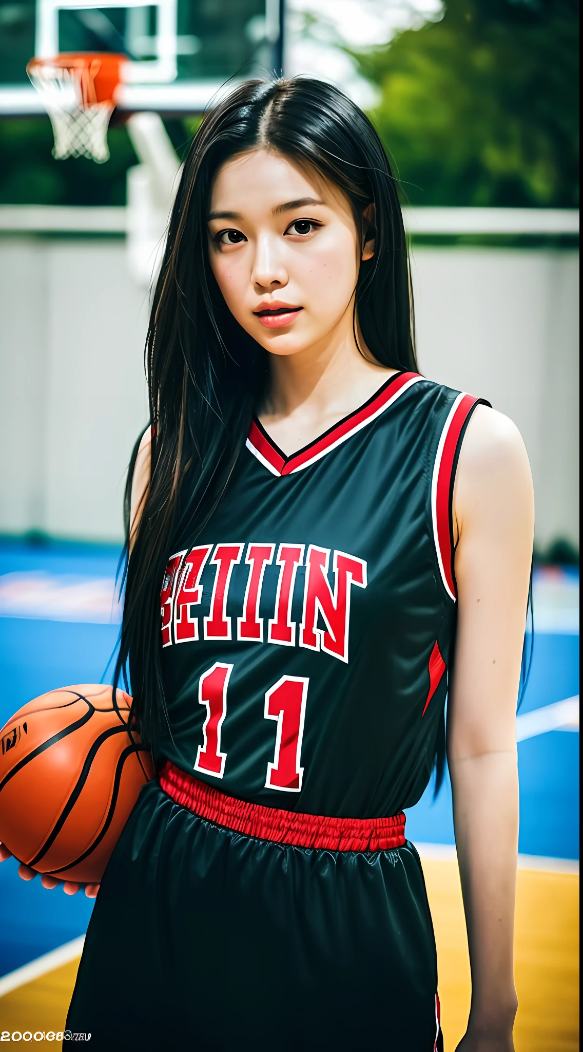 Asian woman arafed in basketball suit poses for photo, wearing basketball shirt, wearing NBA shirt, Jinyoung Shin, portrait of Korean female idol, official photo,(8k, Best quality, masterpiece: 1.2), (realistic, photorealistic: 1.37), Ultra Detail, Best Quality, Ultra High Resolution, Professional Lighting, Photon Mapping, Radio, Body Rendering, Cinematic Lighting, Basketball Court, Depth of Field, Sharp Focus, Sunlight, Good Composition, (Bokeh: 1.2) 1girl, solo, (Full-body), (Mouth closed), Detailed Eyes, Posture, Narrow Waist, Basketball Uniform, Black Hair, Tangle Hair, Long Hair Floating in the Wind, (Ulzzang-6500:1.2) Mix 4, hiqcgbody
