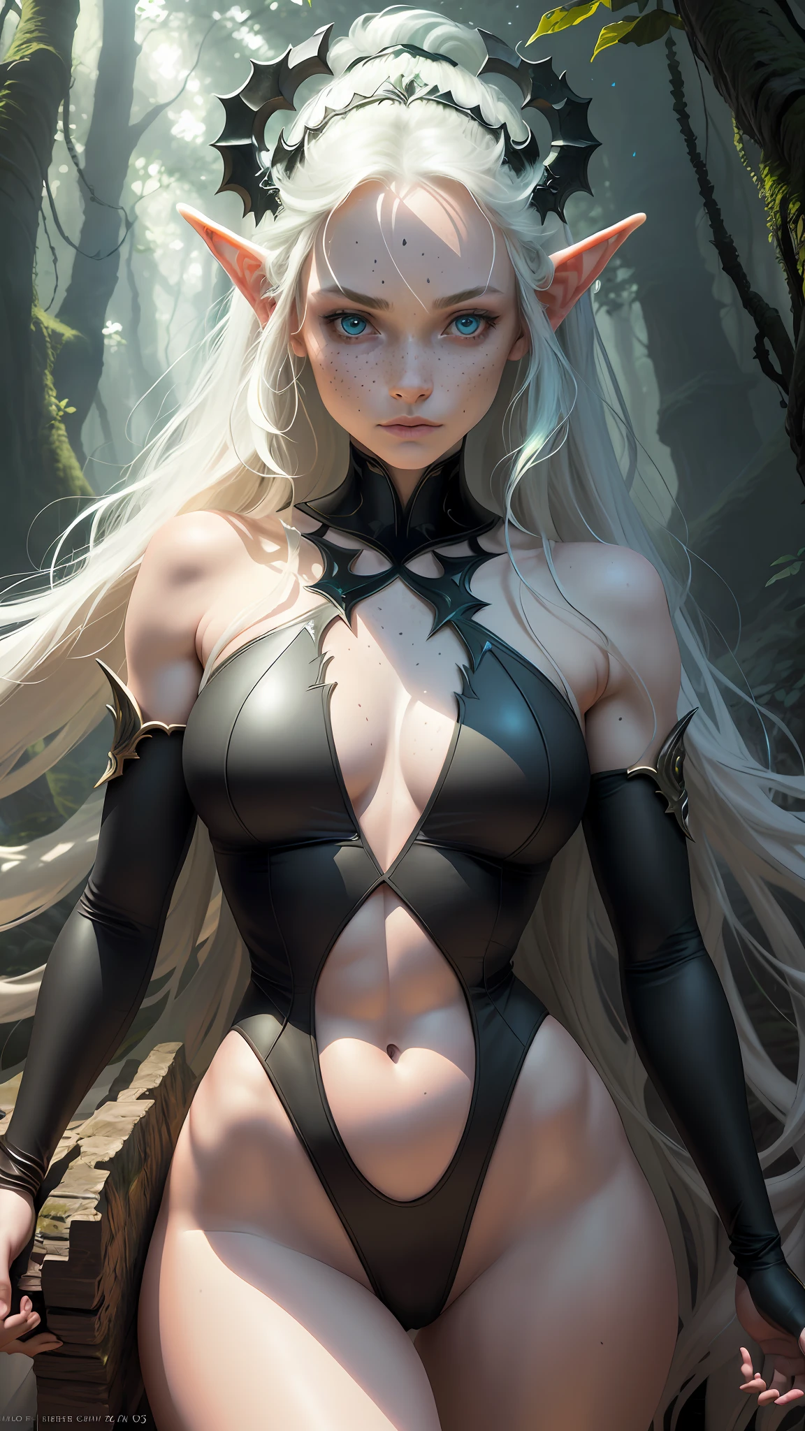 a portrait of a elf girl with freckles and bright striking blue eyes posing for a photo,full body, bare shoulders, muscular, fit, defined abs, thongs, (cameltoe) white freckles, long flowing green hair flying, glowing radiance, beautiful pale makeup, color portrait, stunning portrait, elegant freckles, wearing black thongs, black gloves, starshine, gold dust spread across her skin and her face, (dark, hyper-realistic photos (((portrait))) refraction ,Dark background of magical night forest, deep woods, towering ruins, starlight skies, A mystical and epic landscape, featuring a fantastical and surreal world of floating islands, giant trees, and mythical creatures, that transport the viewer to a world of imagination and wonder, artstation, digital art, intricate, trending, bright colors suitable for viewing in public places