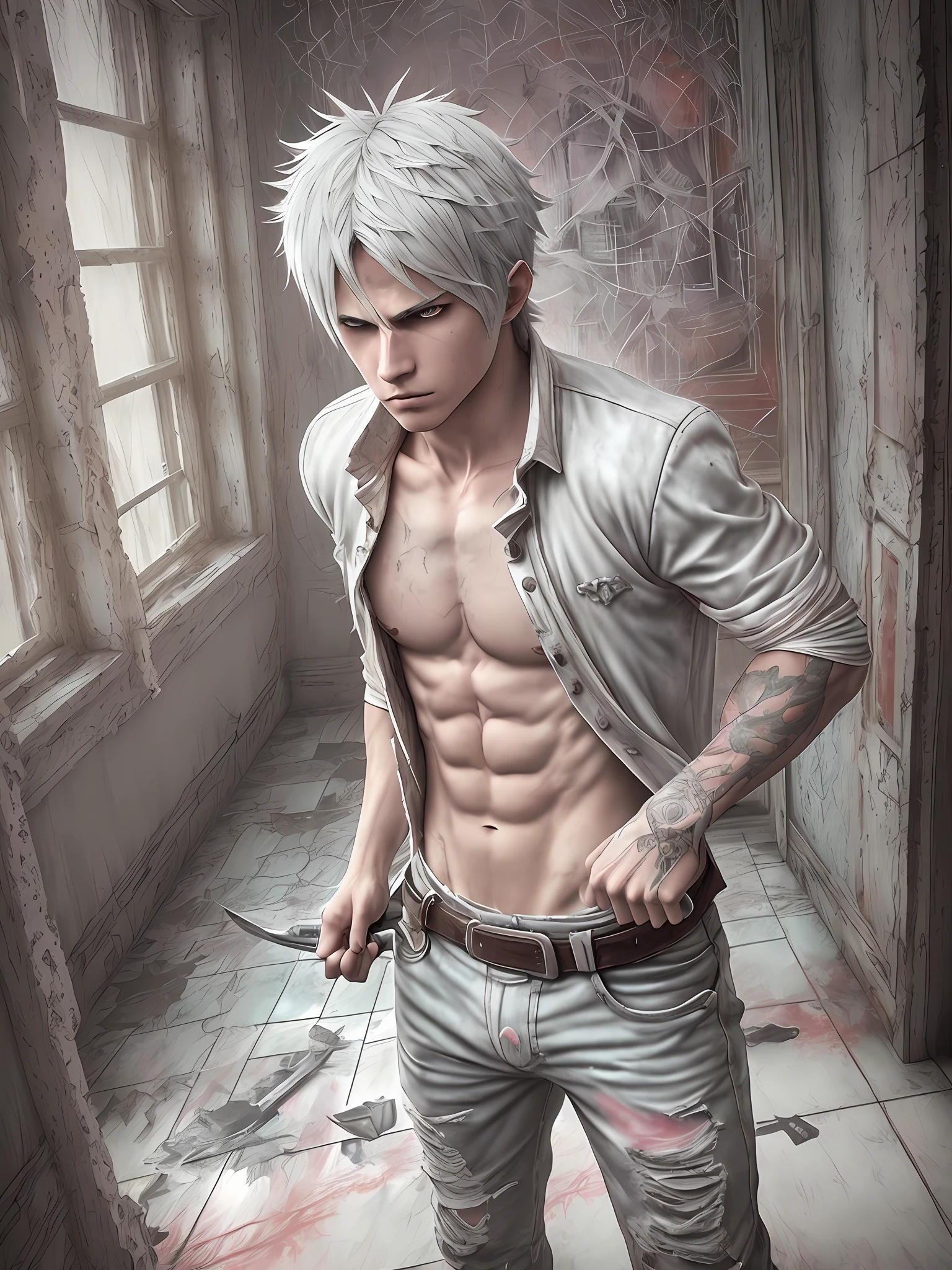 white haired male teenager, Dante Devil May Cry style hair, training with knife, angry, realistic epic, photo, faded, complex things around, room background all white, no window, soaked, neutral colors, (((((HDR)))), ((((soft colors)))), intricate scene, artistic station, intricate details, vignette,