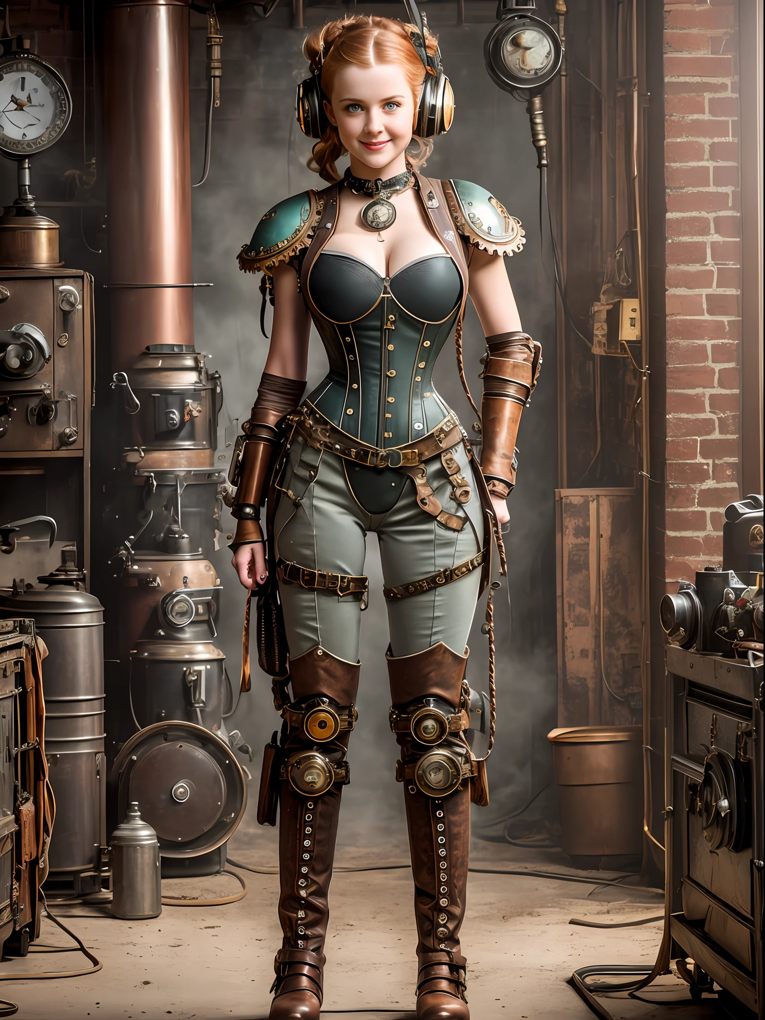 Full body Portrait photograph of a cute pretty fashionable smiley teenager girl posing cool and in light gray steampunk corset and jumpsuit and red long boots in a steampunk garage, wearing a mechanical steampunk backpack with enormous metal wings, perfect detailed face, wavy ginger hair, detailed symmetric dark green eyes with circular iris, fine steampunk details, intercom headset, steampunk choker, intricate steamy background with lots of steam pipes and steam valves and pressure gauges and gears, dusty steampunk garage, warm cinematic lighting, high contrast lighting, trending on ArtStation, hyper photorealism, DSLR, Canon 5D, 8k resolution,