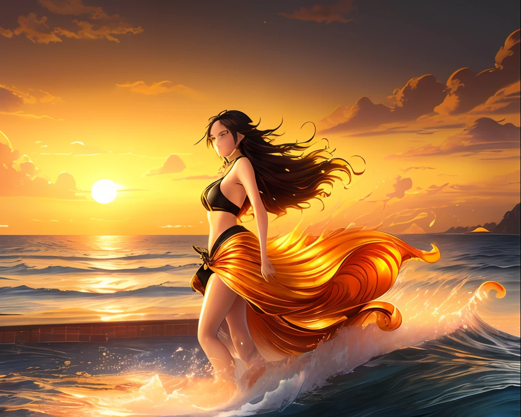 Masterpiece, best quality, very detailed CG unit wallpaper best illustration, best shading a golden sea wave, bright orange at sunset through wave, golden water drops flying, woman, black hair, black eyes, large, indoor pool, class, long hair, two-dimensional, in water