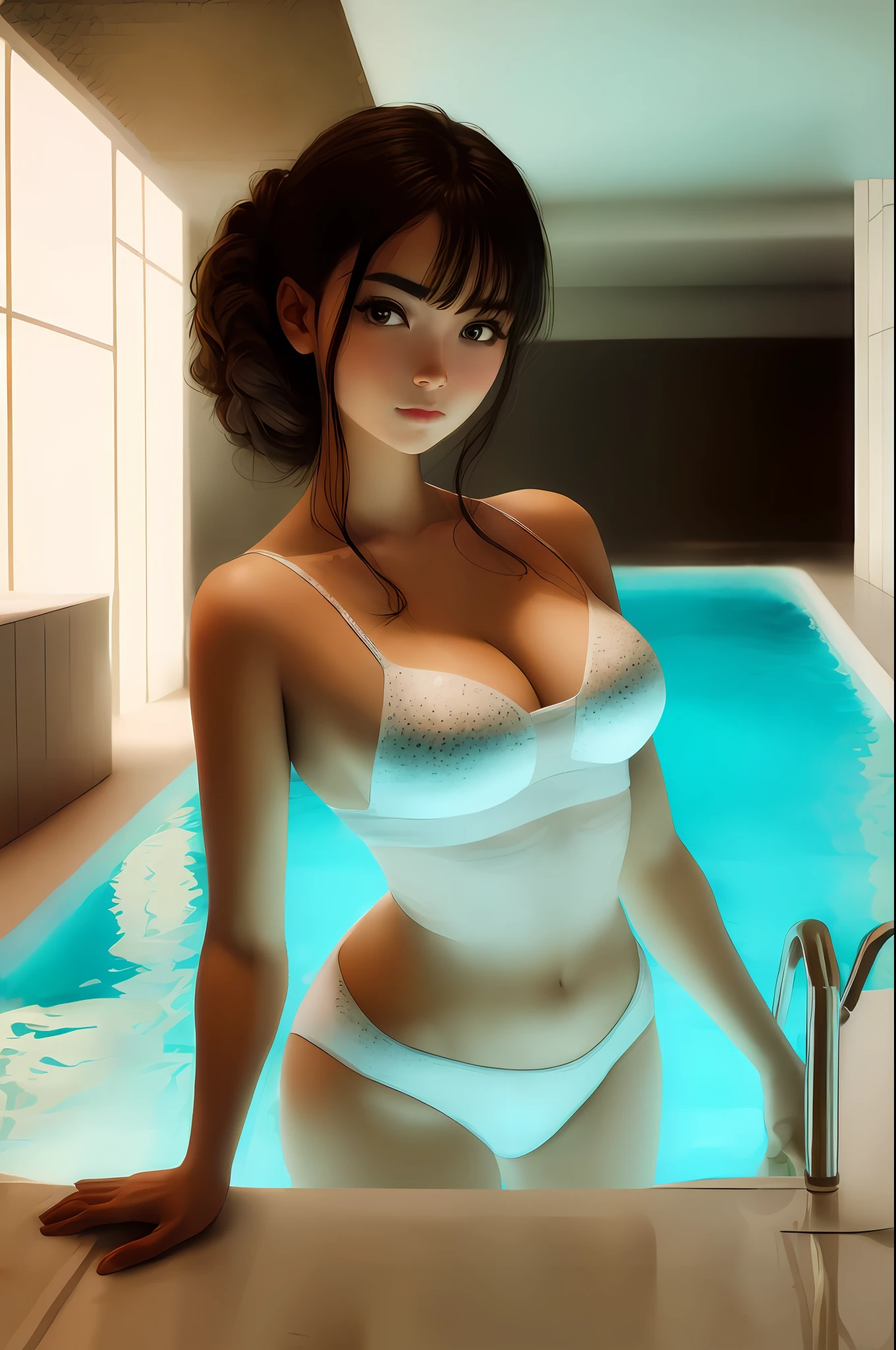 a beautiful girl standing in a pool