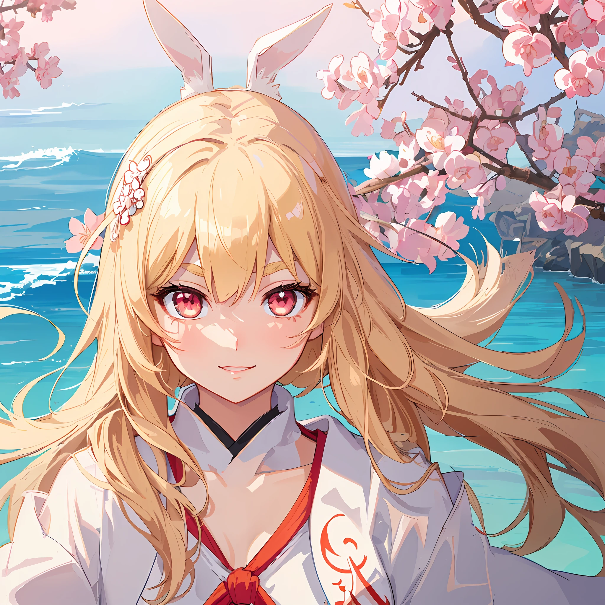 Backgrounds are beach, torii, rabbit ears, Japan priestess, priestess, thick eyebrows, beautiful eyes, mushrooms growing from the head, evil smile, beautiful blonde, ((masterpiece)), ((highest quality)), (super detailed), cute girl, one girl, solo, beautiful girl with full body anime, (((beautiful eyes)), anime girl, happy and cute face, beautiful detailed eyesclean and detailed face, five fingers, textile shading, perfect anatomy,