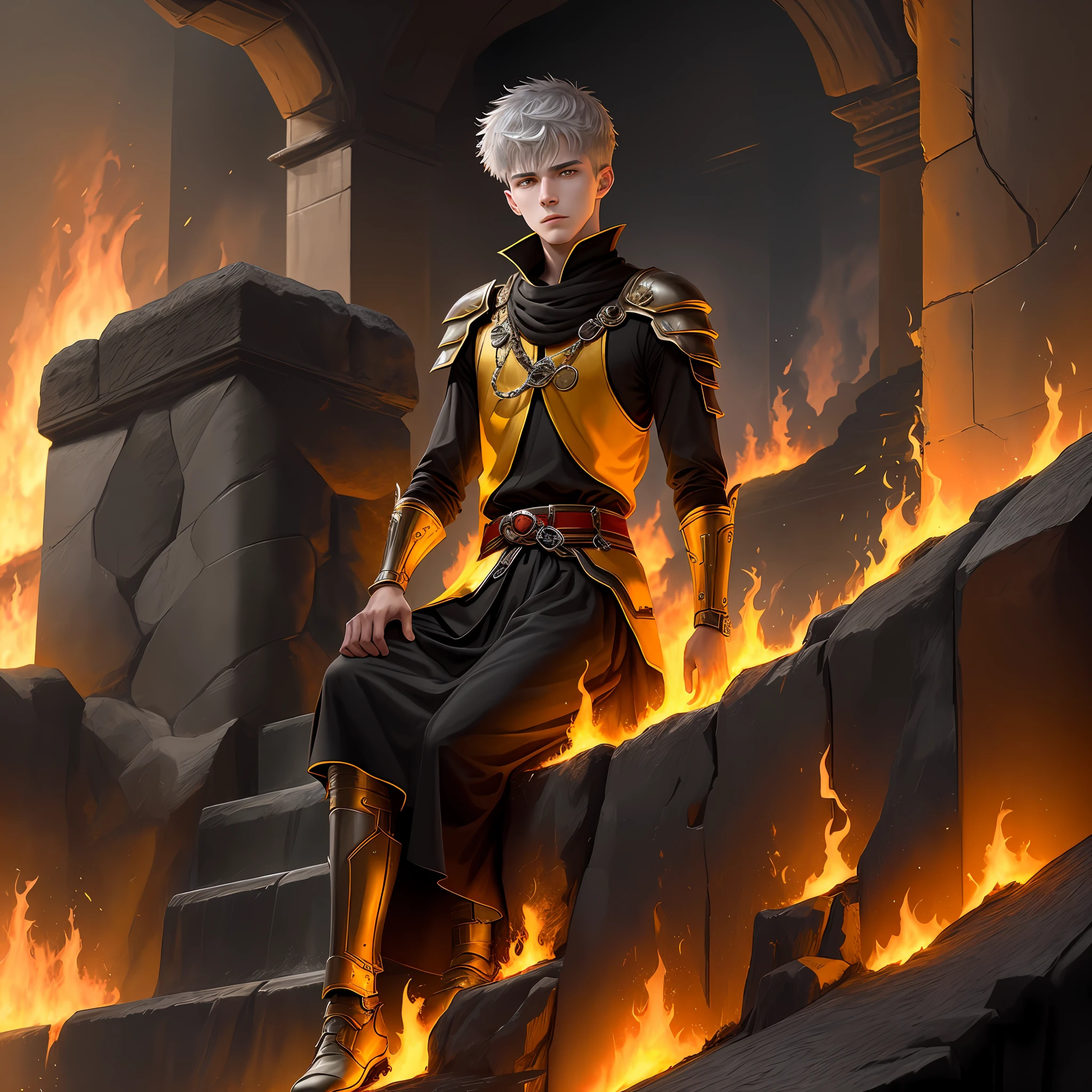 High detail, clarity, 8kk, Throne of Fire, young guy, 18 years old, light gray hair, short haircut, yellow eyes, climbs steps from fire to throne, fiery lava, realism, fantasy,