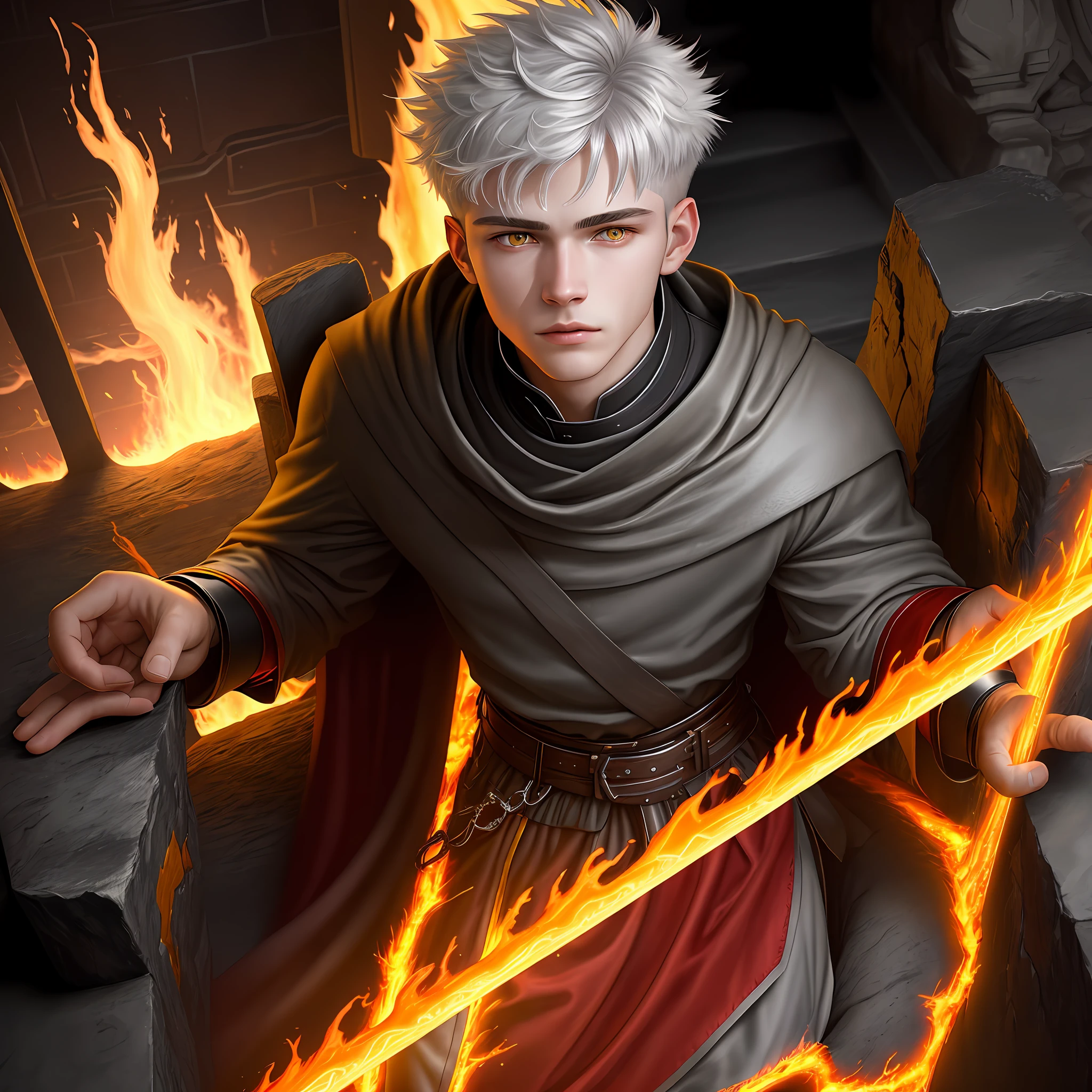 High detail, clarity, 8kk, Throne of Fire, young guy, 18 years old, light gray hair, short haircut, yellow eyes, climbs steps from fire to throne, fiery lava, realism, fantasy,
