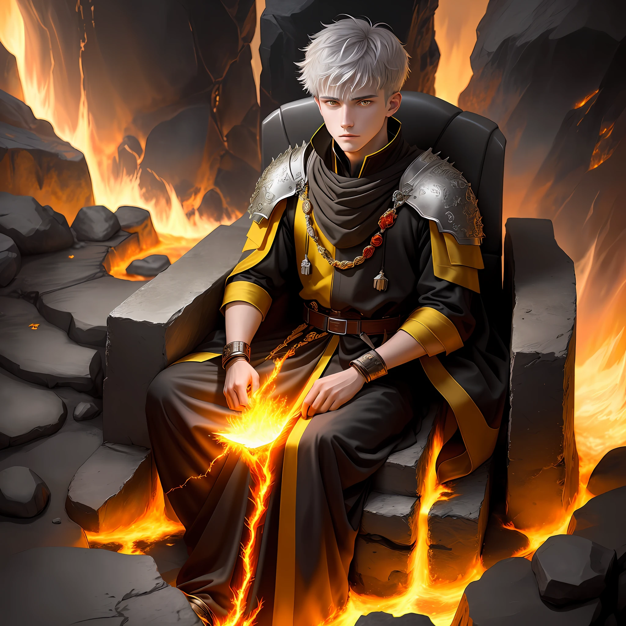 High detail, clarity, 8kk, Throne of Fire, young guy, 18 years old, light gray hair, short haircut, yellow eyes, climbs steps from fire to throne, fiery lava, realism, fantasy,