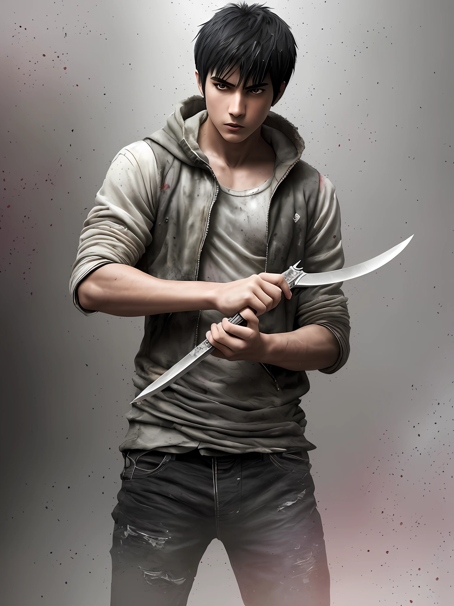 black haired male teenager, training knife fighting, angry, realistic epic, photo, faded, complex things around, room background all white, no window, soaked, neutral colors, (((((hdr)))), ((((soft colors)))), intricate scene, artistic station, intricate details, vignette,