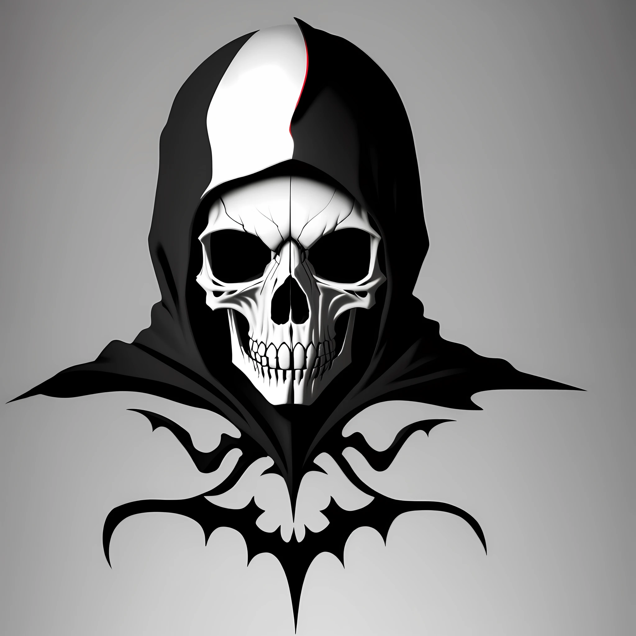 skull, grim reaper, vector, surrealism play tattoo design black and white red white background