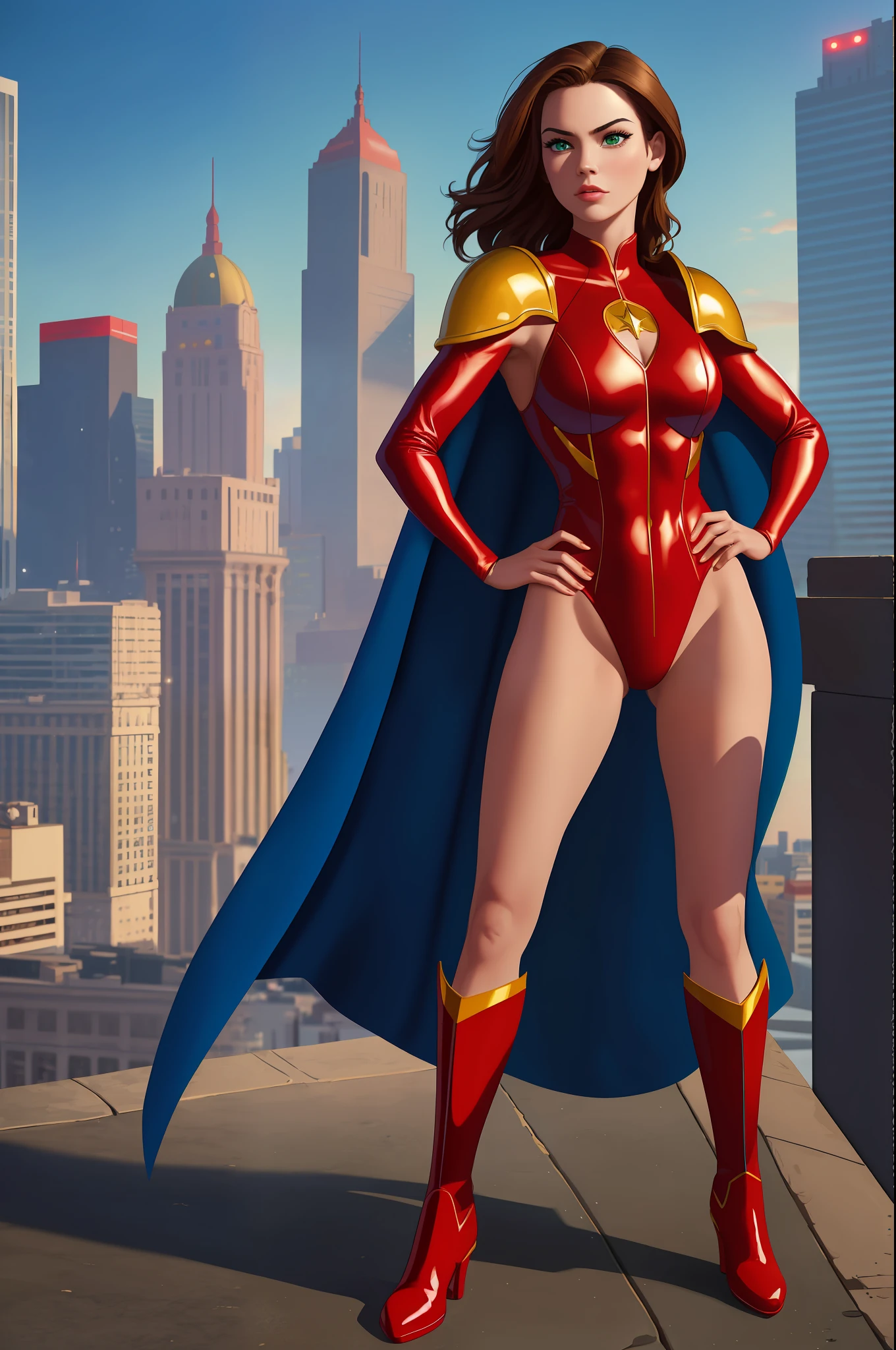((best quality)), ((masterpiece)), ((ultra realistic)), (dynamic heroic pose), american, beautiful detailed face, detailed eyes, sexy reporter, dressed in a red leotard, city backdrop, highly detailed, professional, bare legs, full body, hands on hip, standing, brown hair, medium hair, green eyes, matching boots, long sleeves, yellow hawk-shaped crest engraved on chest, blue boots, short length cape, red and yellow shoulder pads,