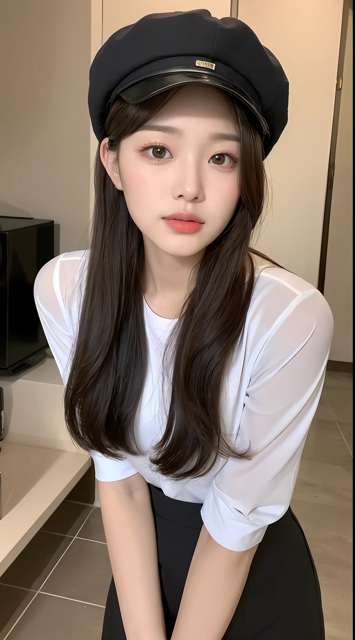 ((Best Quality, 8K, Masterpiece: 1.3)), (Stepmother Skirt: 1.5), (Newsboy Hat: 1.3), Focus: 1.2, Perfect Body Beauty: 1.4, Buttocks: 1.2, (Layered Haircut: 1.2)), (Dark Street: 1.3), Highly detailed face and skin texture, Full body, fine eyes, Double eyelids, whitening skin, long hair, (round face: 1.5),