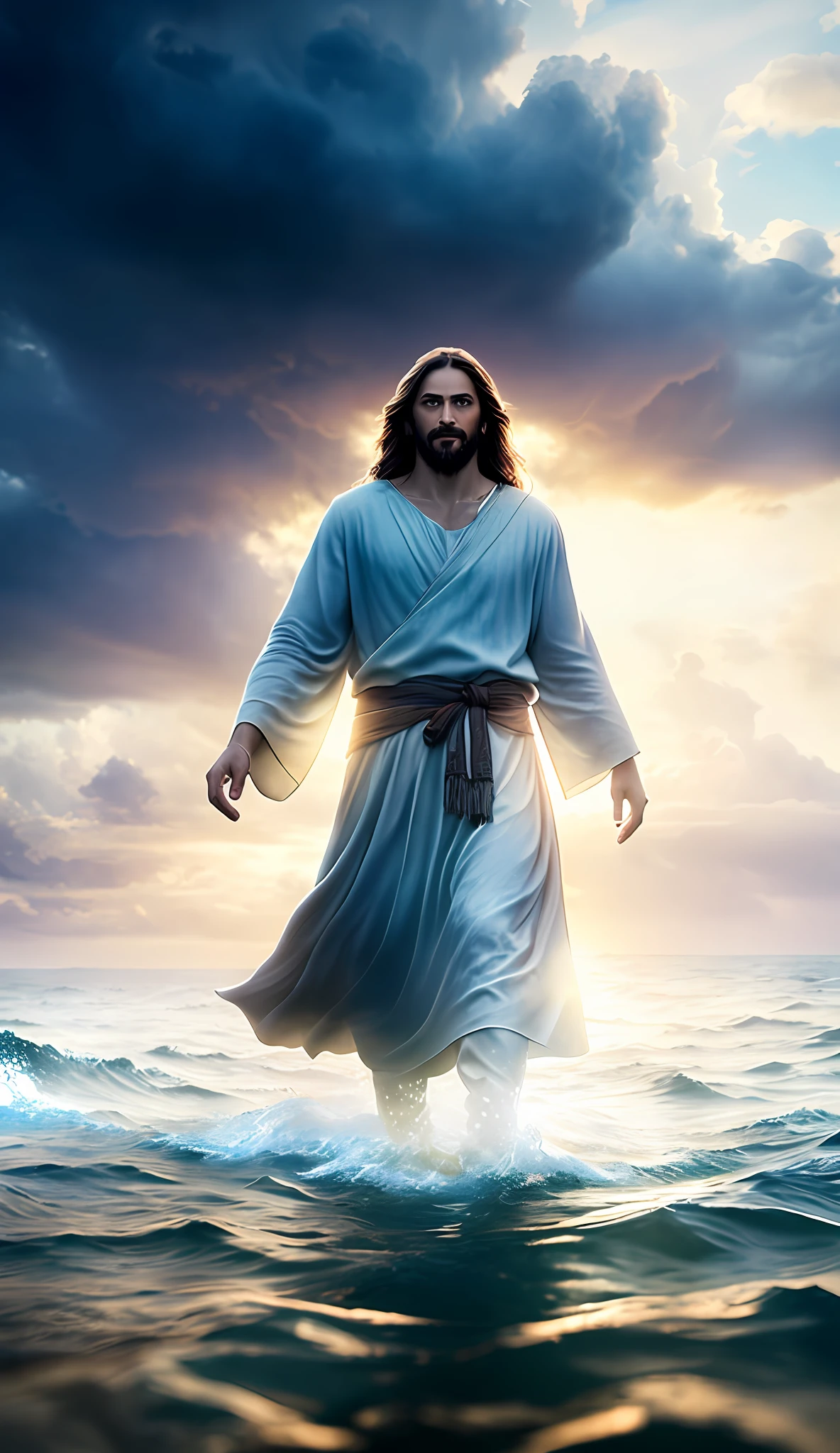 jesus walking on water in the middle of a storm at sea, rain, masterpiece, in the center of the frame, best quality, high quality, 8k wallpaper of extremely detailed CG unit, award-winning photography, Bokeh, Depth of Field, HDR, bloom, chromatic aberration, photorealistic, extremely detailed, trend in artstation, trend in CGsociety, intricate, high detail, dramatic, art in the middle of the journey, Volumetric lighting