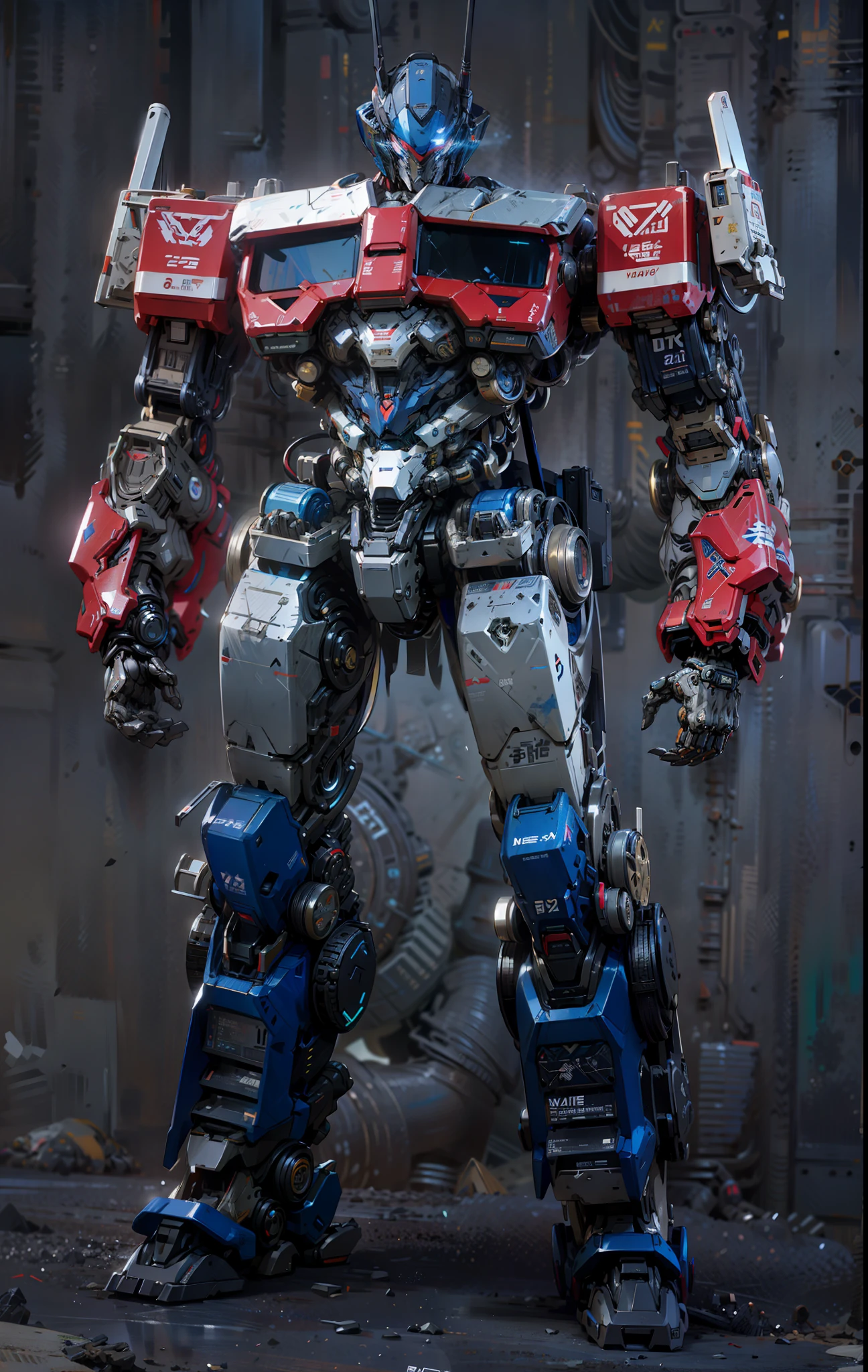 robot, epic robot, blue eye, red and blue paint, mechanical, complex, real, humanoid mecha, roland ziervinskis 3d rendering art, polycount competition winner, humanoid mecha, 3d rendering stylization, beautiful robot character design, mecha portrait, mecha, transformer style, realism,