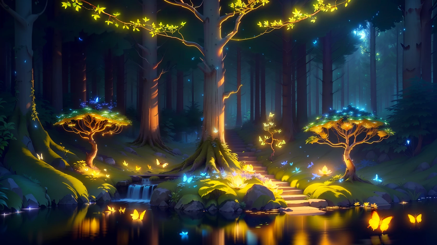 A masterpiece, the best quality, stunning reflections, the best reflections ever. (very detailed CG unity 8k wallpapers), (best quality), (best illustrations), (best shadows), forest theme with natural elements. Tall trees, quiet streams, small glowing mushrooms surrounded by delicate leaves and branches, with fireflies and glowing particle effects,, (natural elements), (jungle theme), (leaves), (twigs), (fireflies), butterflies, (delicate leaves), (glow), (particle effects). , Isometric 3D, Octane Rendering, Ray Traced, Super Detailed