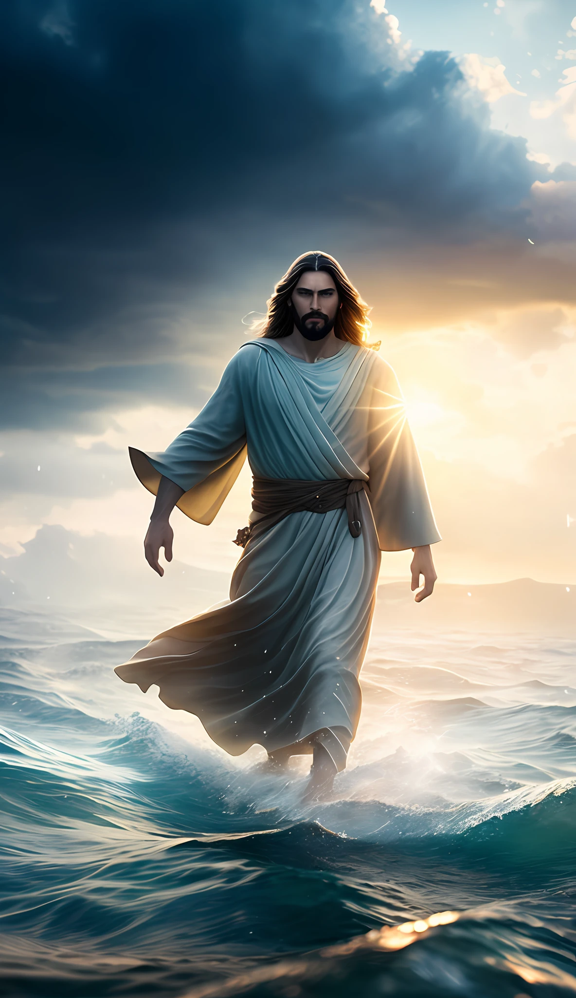 jesus walking on water in the middle of a storm at sea, rain, masterpiece, in the center of the frame, best quality, high quality, 8k wallpaper of extremely detailed CG unit, award-winning photography, Bokeh, Depth of Field, HDR, bloom, chromatic aberration, photorealistic, extremely detailed, trend in artstation, trend in CGsociety, intricate, high detail, dramatic, art in the middle of the journey,  Volumetric lighting