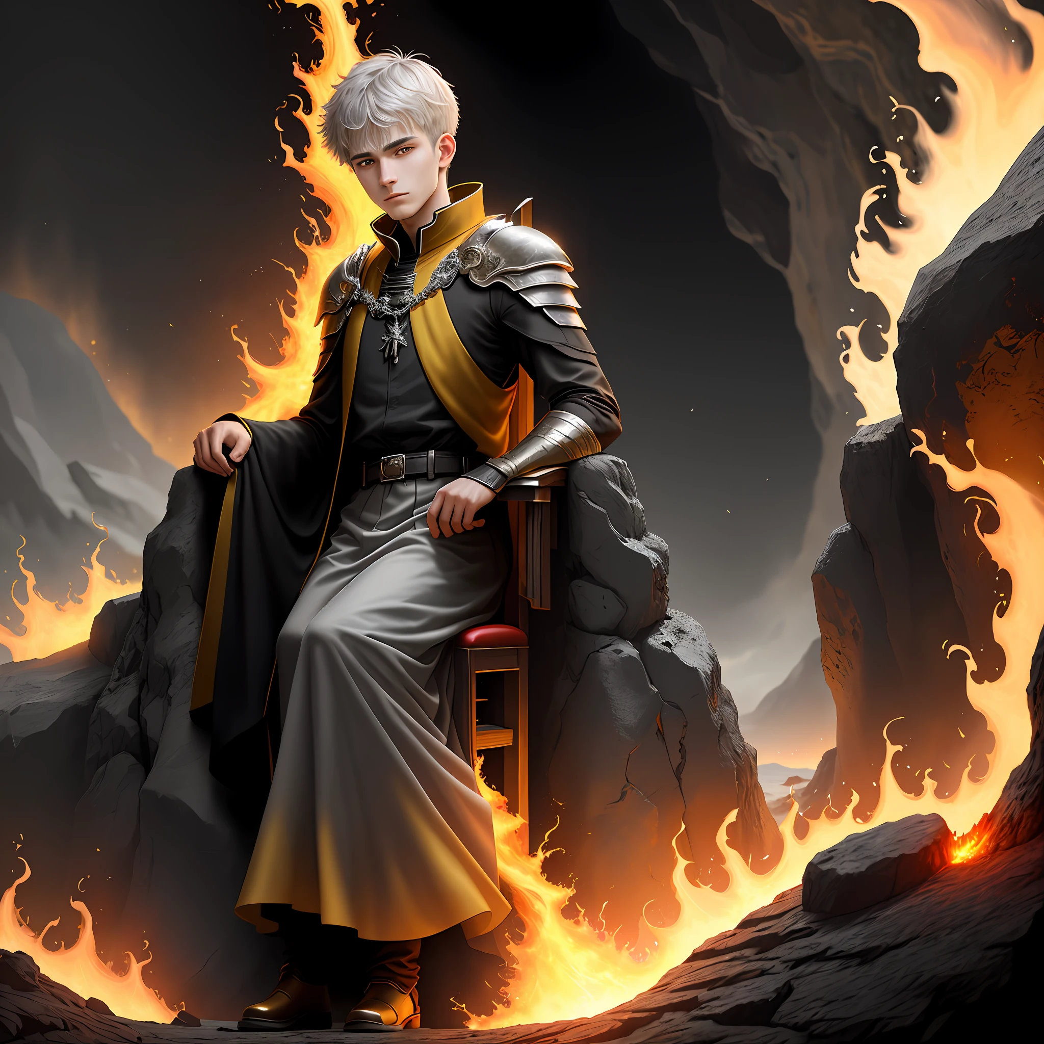 High detail, clarity, 8kk, Throne of fire, young guy, 18 years old, light gray hair, short haircut, yellow eyes, in distant steps of lava and fire, at the top is a throne, realism, fantasy,