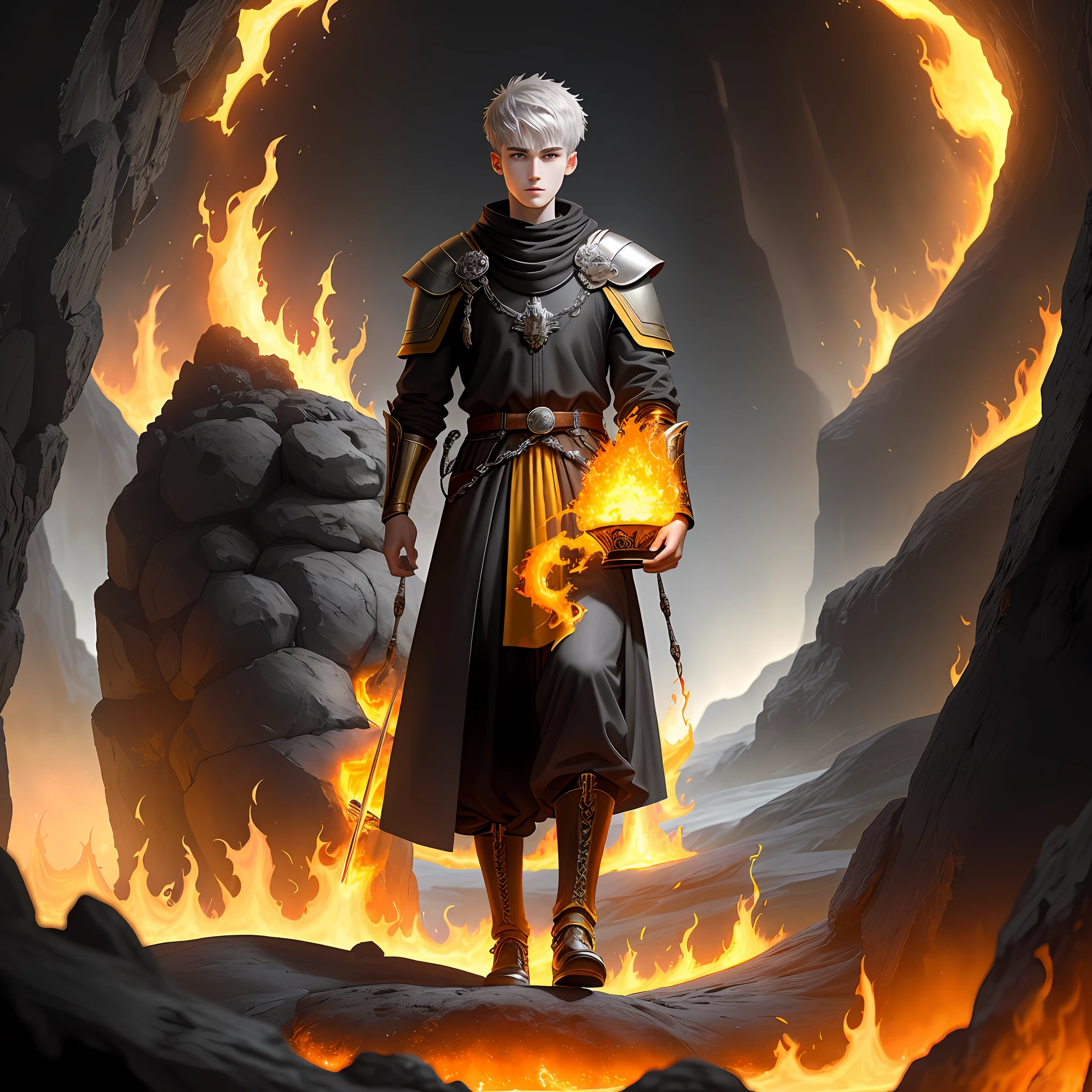 High detail, clarity, 8kk, Throne of fire, young guy, 18 years old, light gray hair, short haircut, yellow eyes, in distant steps of lava and fire, at the top is a throne, realism, fantasy,