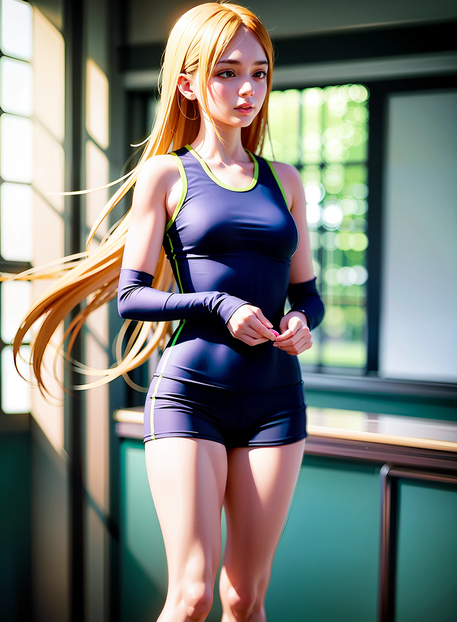 arurinh, (brushing) (brushing), waist up, avades, long straight lift hair, dynamic pose, model photography: photography, HD, high contrast, sharp image, mastery, mouth closed, balanced eyes, CG rendering, small skull, clavicle detail, (highest quality detail: 1.2), realistic kei, 8K ultra-fine, high quality texture, fine texture, fine detail, high detail, very fine CG, high quality shadows, beautiful and delicate eyes, freedom, beauty, small breasts, tall, blurry background, lime color gym clothes,