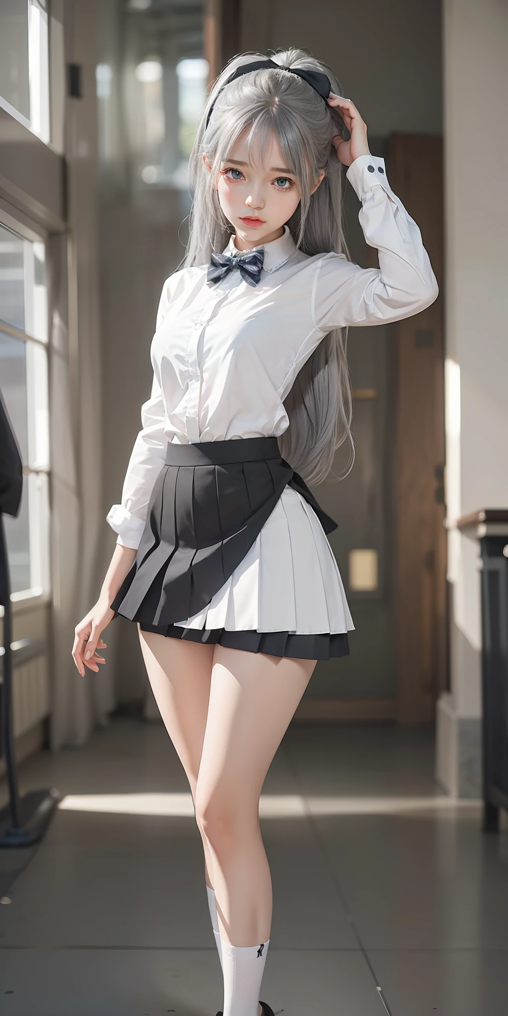 Ala Fed image of woman in short skirt and bow tie, surreal schoolgirl, photorealistic girl render, surreal schoolgirl, realistic schoolgirl, cute girl rendering, maid outfit, perfect gray haired girl, real life anime girl, white-haired Tipha Lockhart