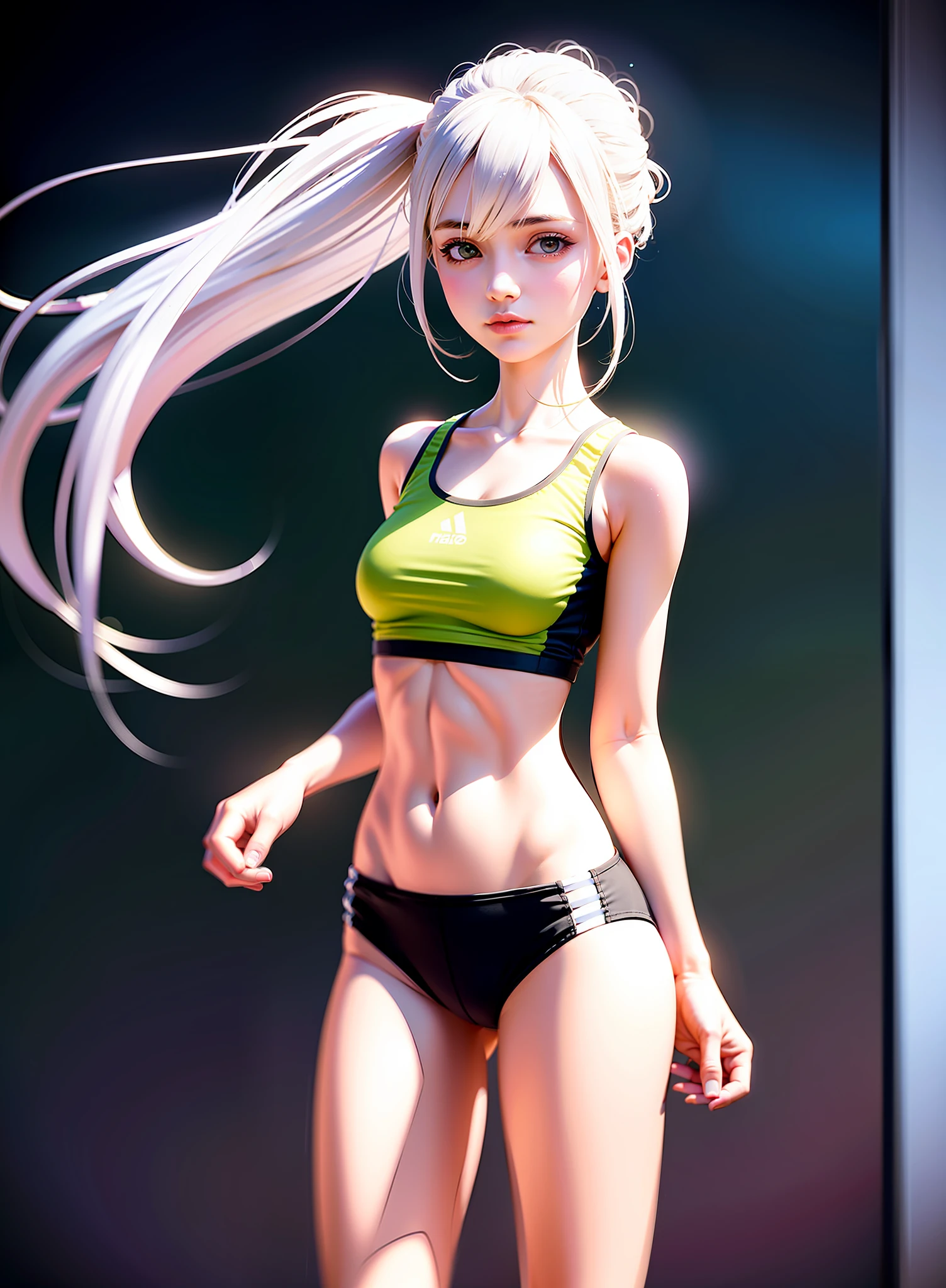 arurinh, (brushing) (brushing), waist up, avades, long straight lift hair, dynamic pose, model photography: photography, HD, high contrast, sharp image, mastery, mouth closed, balanced eyes, CG rendering, small skull, clavicle detail, (highest quality detail: 1.2), realistic kei, 8K ultra-fine, high quality texture, fine texture, fine detail, high detail, very fine CG, high quality shadows, beautiful and delicate eyes, freedom, beauty, small breasts, tall, blurry background, lime color gym clothes,