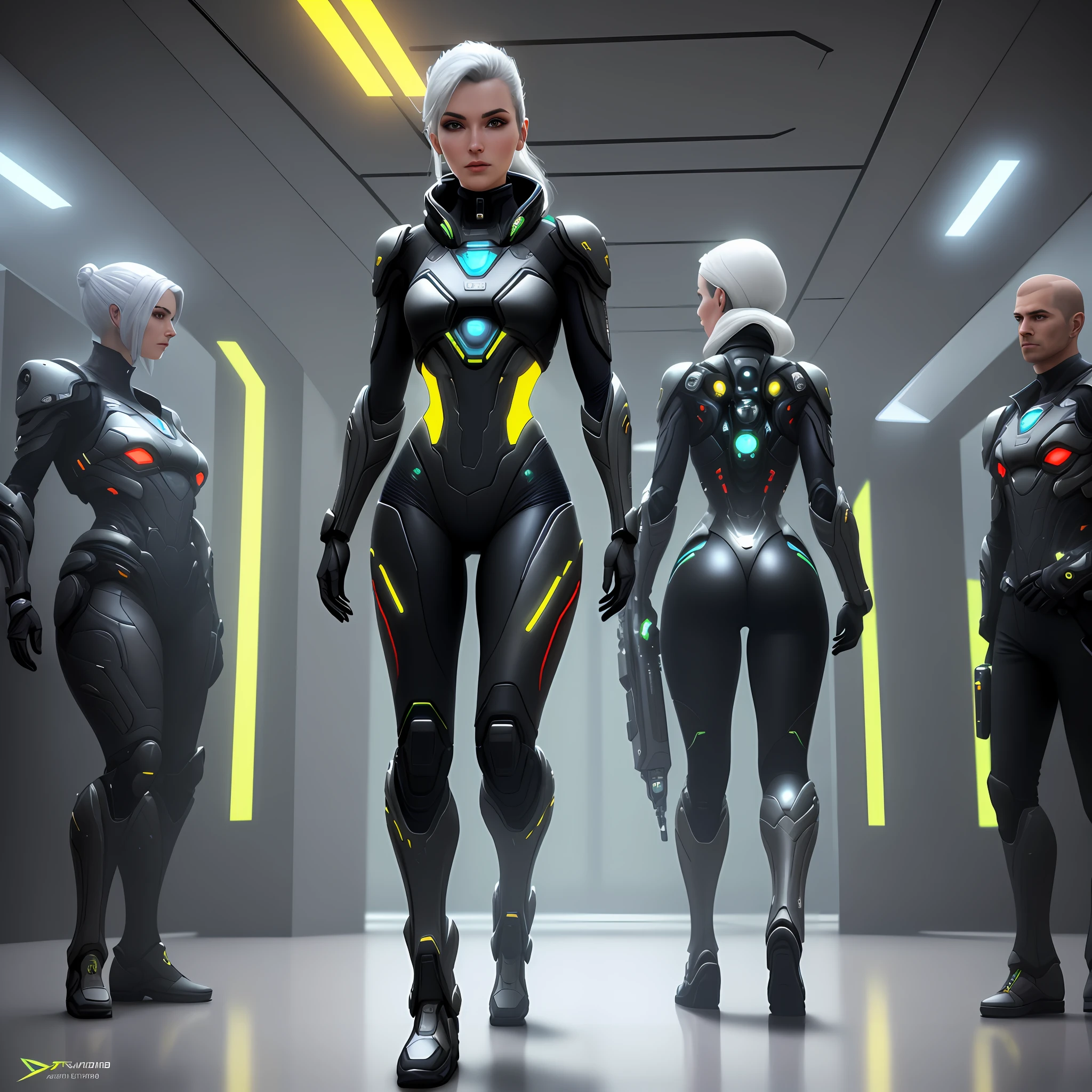 Arafed woman in a futuristic suit standing in a futuristic room, female sci fi character, 3 d render art 8k character, female sci-fi, scifi woman, sci-fi character, scifi character, cyberpunk 2 0 y. The model girl, trendin on artstation, futuristic spy, sci-fi android female, thick and smooth warframe thighs with resolution of 2560 x 1080