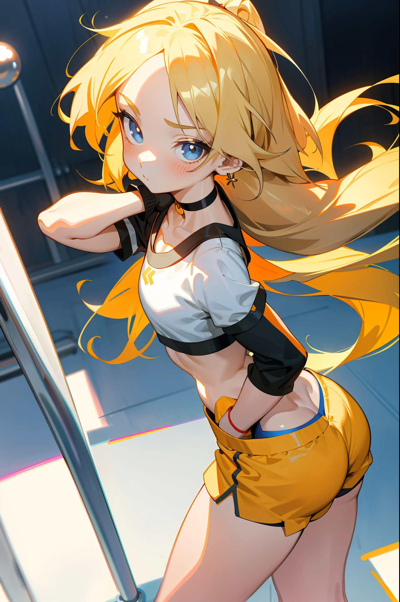 loli, high detailed, 8k, blonde hair, 1girl, bubble butt, crop top, gym shorts, choker, petite