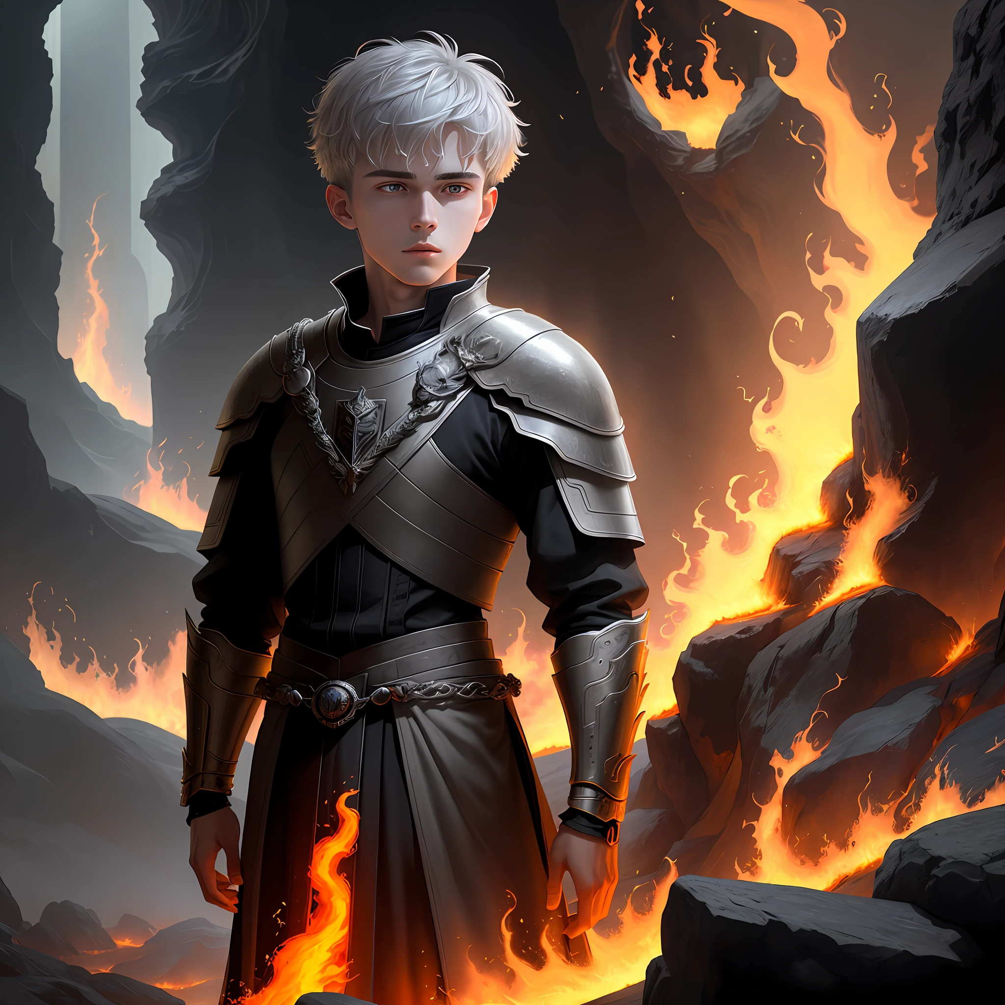 High detail, clarity, 8kk, Throne of fire, young guy, 18 years old, light gray hair, short haircut, yellow eyes, standing near the throne of fire, fiery lava, blue sky dissolves in smoke behind, realism, fantasy,