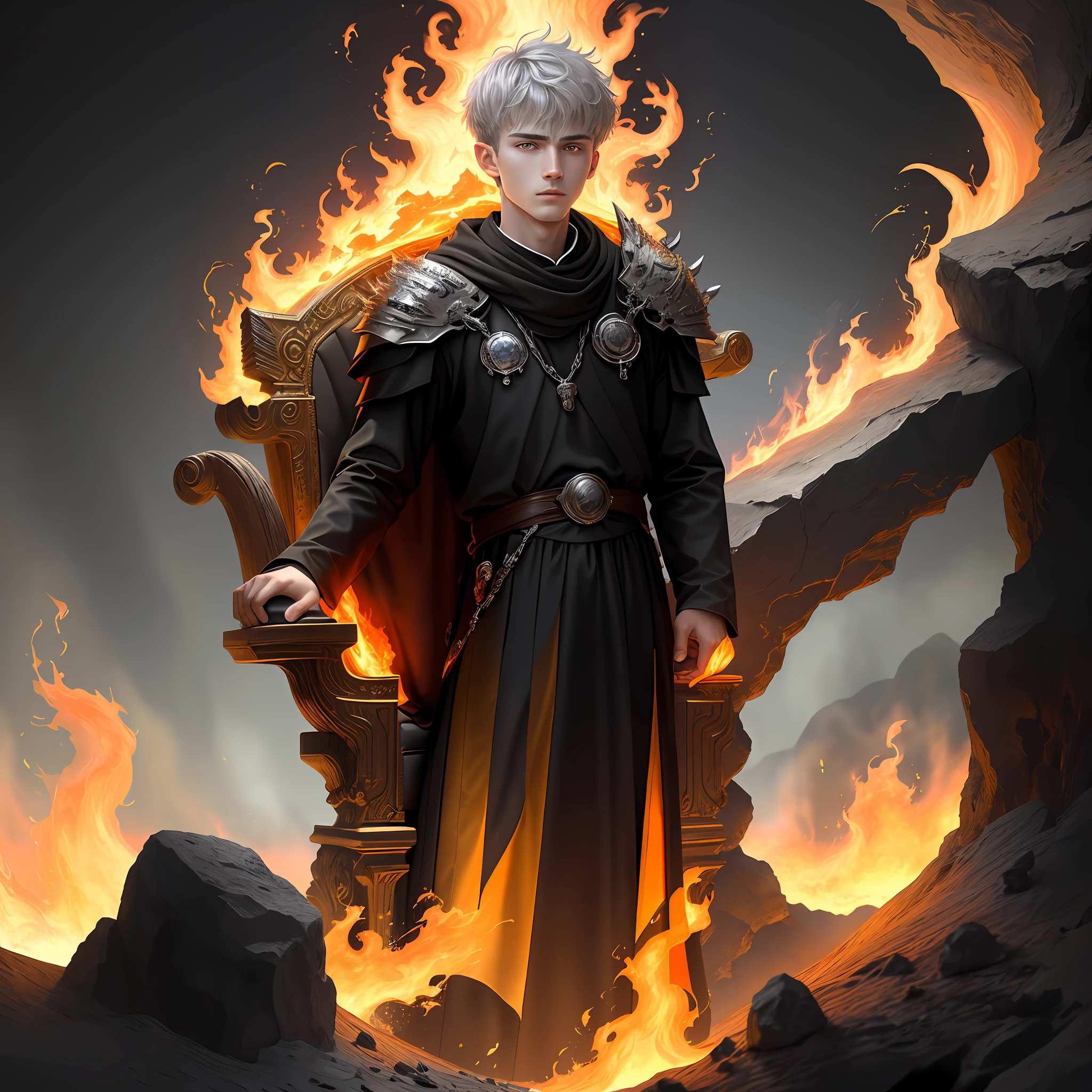 High detail, clarity, 8kk, Throne of fire, young guy, 18 years old, light gray hair, short haircut, yellow eyes, standing near the throne of fire, fiery lava, blue sky dissolves in smoke behind, realism, fantasy,