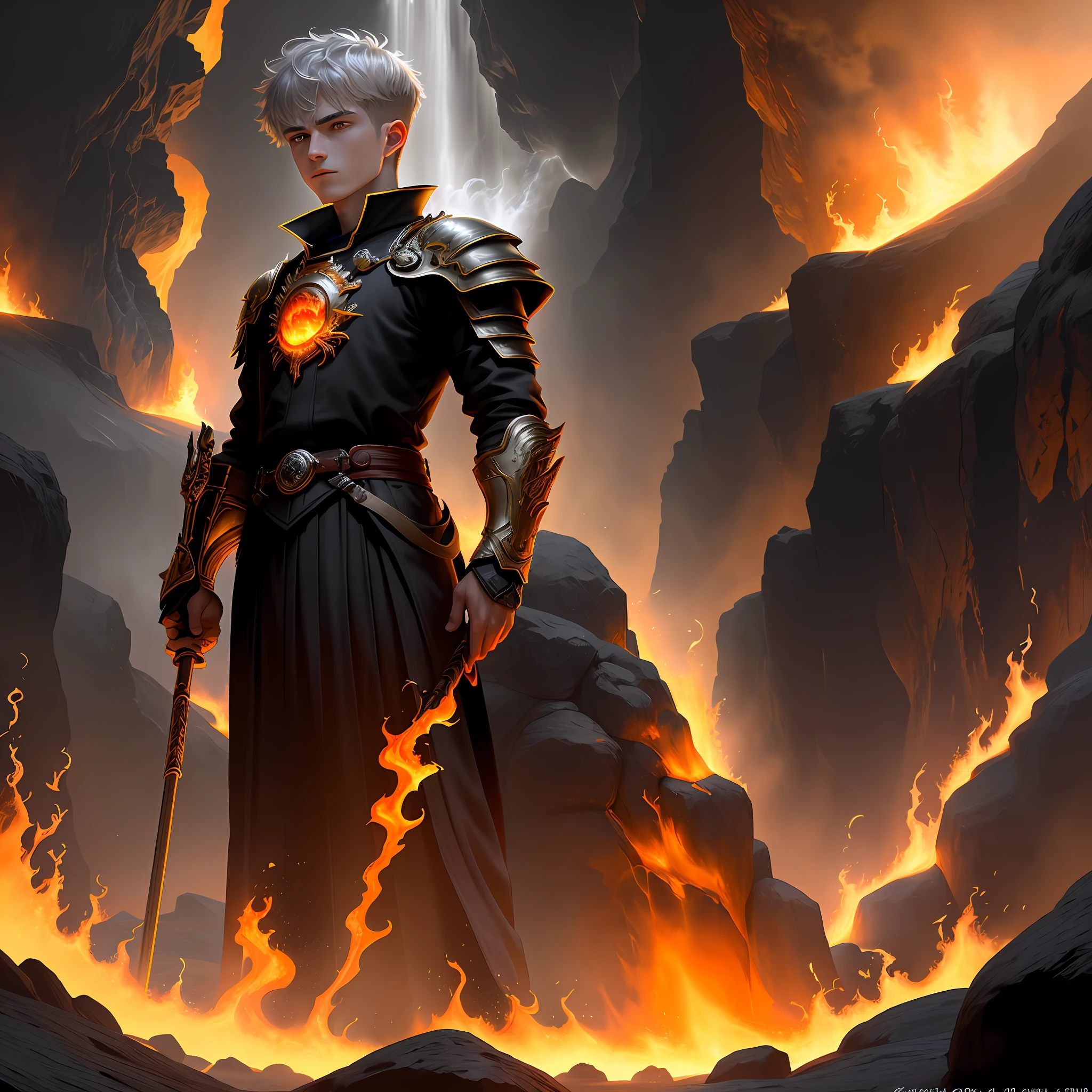 High detail, clarity, 8kk, Throne of fire, young guy, 18 years old, light gray hair, short haircut, yellow eyes, standing near the throne of fire, fiery lava, blue sky dissolves in smoke behind, realism, fantasy,