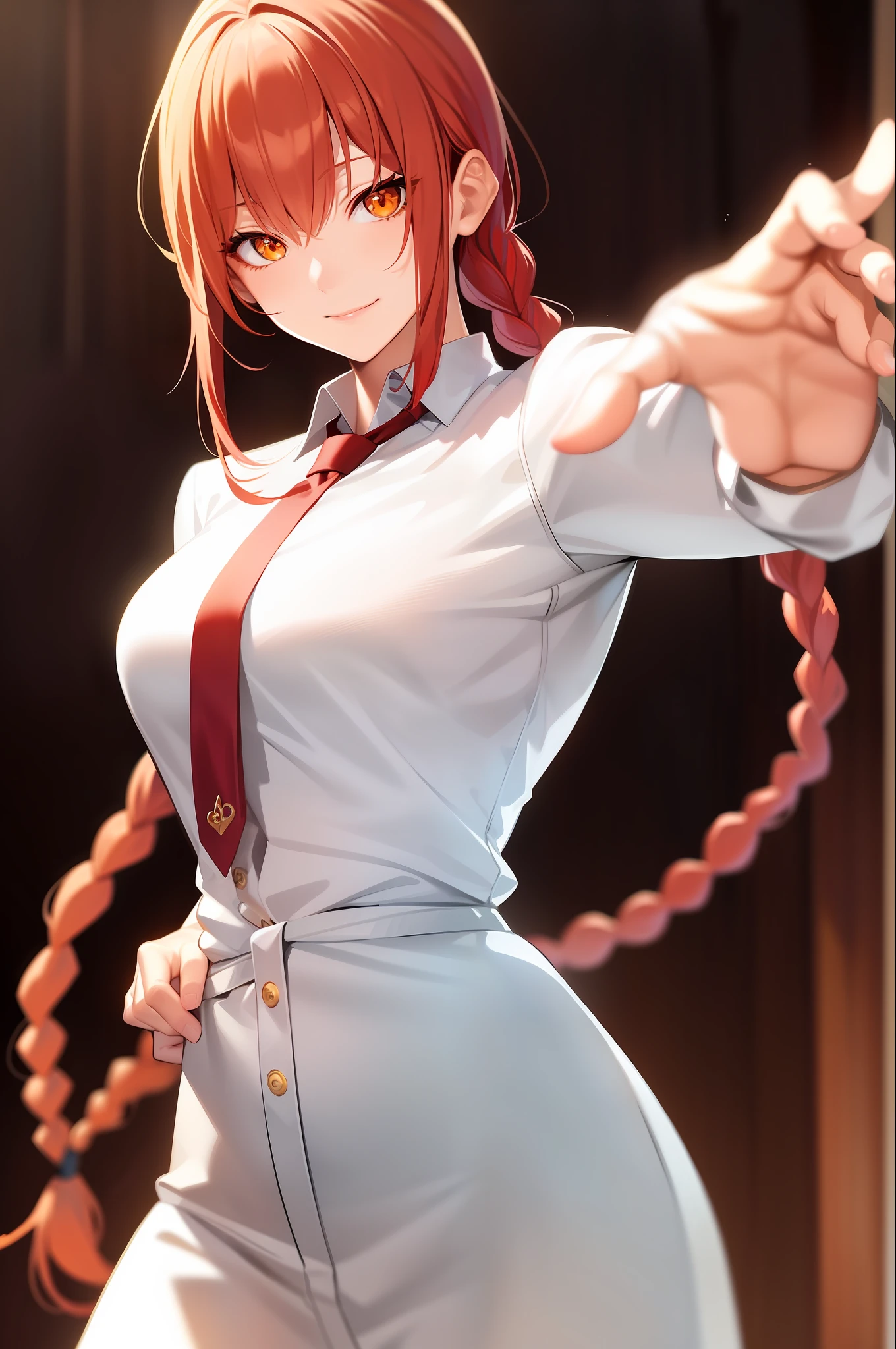 Makima \(Chainsaw Man\), Top Quality, Super Detail, 1 Girl, Solo, Red Hair, Long Braid Hair, Golden Eyes, Bangs, Middle Breast, White Shirt, Tie, Staring, Smile, Look Viewer, Arms Thrown Behind Waist, Venus Pose, Cute Pose, Realistic Drawing