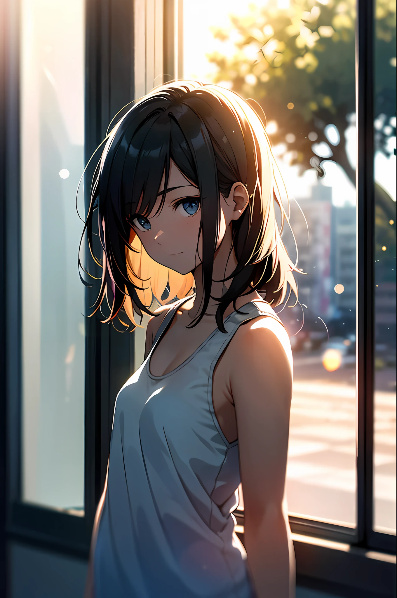 Girl, 18 years old, super beautiful, tank top, (outside the window: 1.1), (outside view: 1.1), from the third person, summer sunlight sparkling, (depth of field, blurred background, bokeh: 1.2)